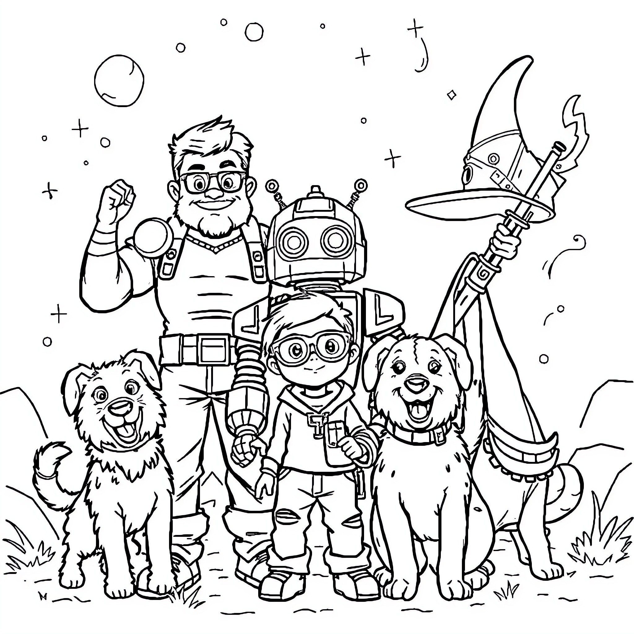 Dad's Futuristic Family Adventure Coloring Page (free black-and-white line drawing printable PDF for all, from beginners to advanced learners, including children, teens, adults, and seniors)