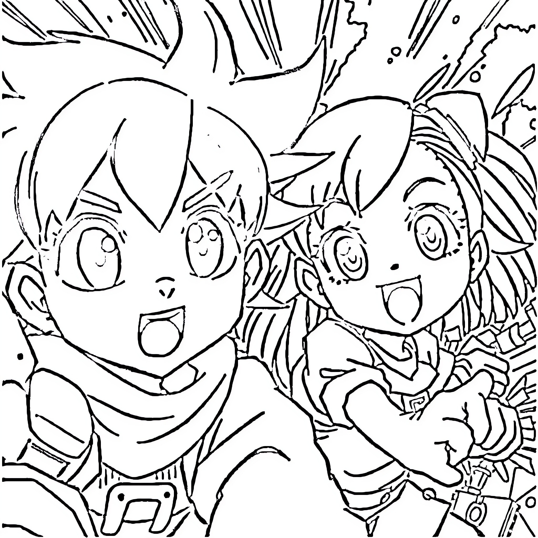 Anime characters in excited expressions Coloring Page (free black-and-white line drawing printable PDF for all, from beginners to advanced learners, including children, teens, adults, and seniors)