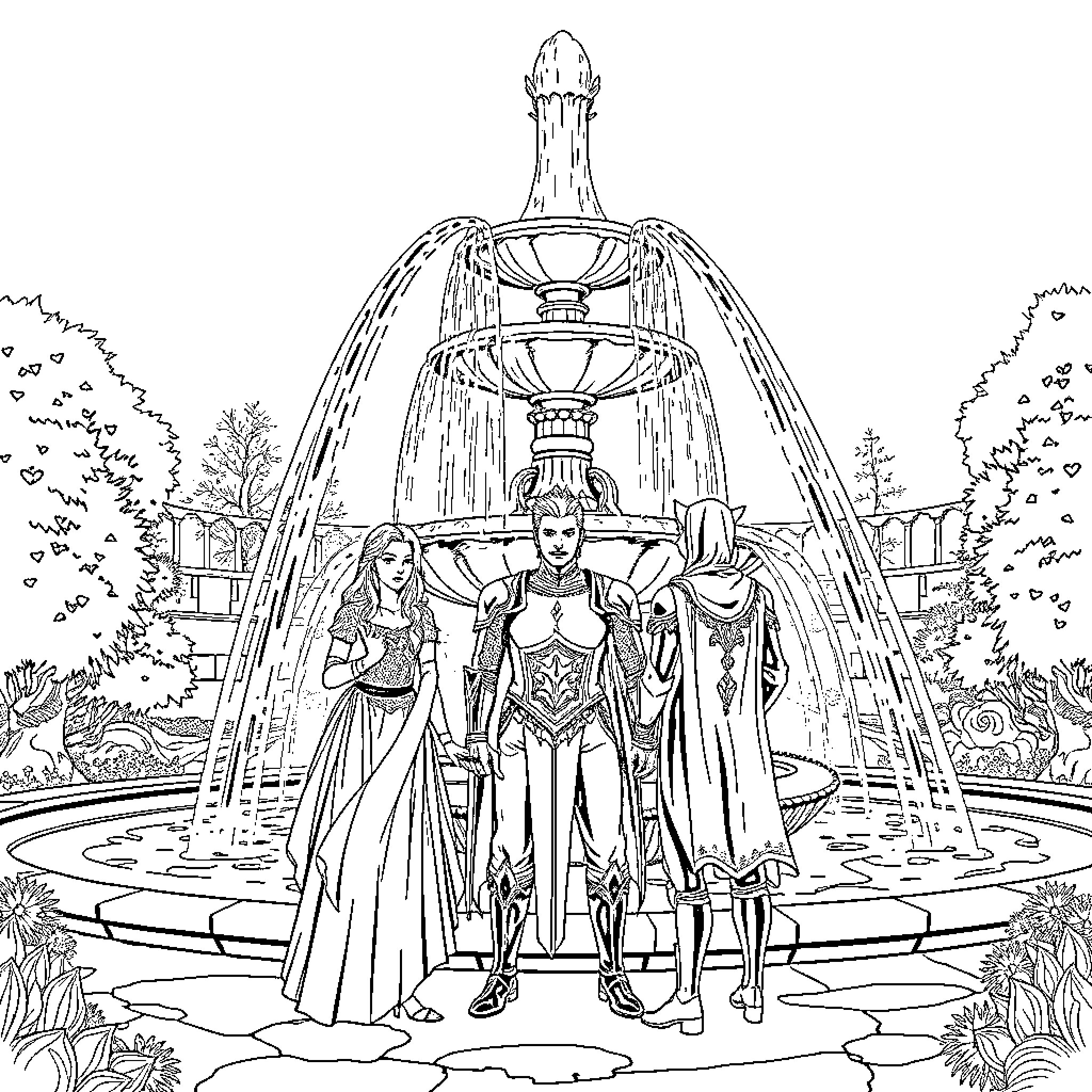 Sorceress and Sorcerers in Enchanted Garden Coloring Page (free black-and-white line drawing printable PDF for all, from beginners to advanced learners, including children, teens, adults, and seniors)
