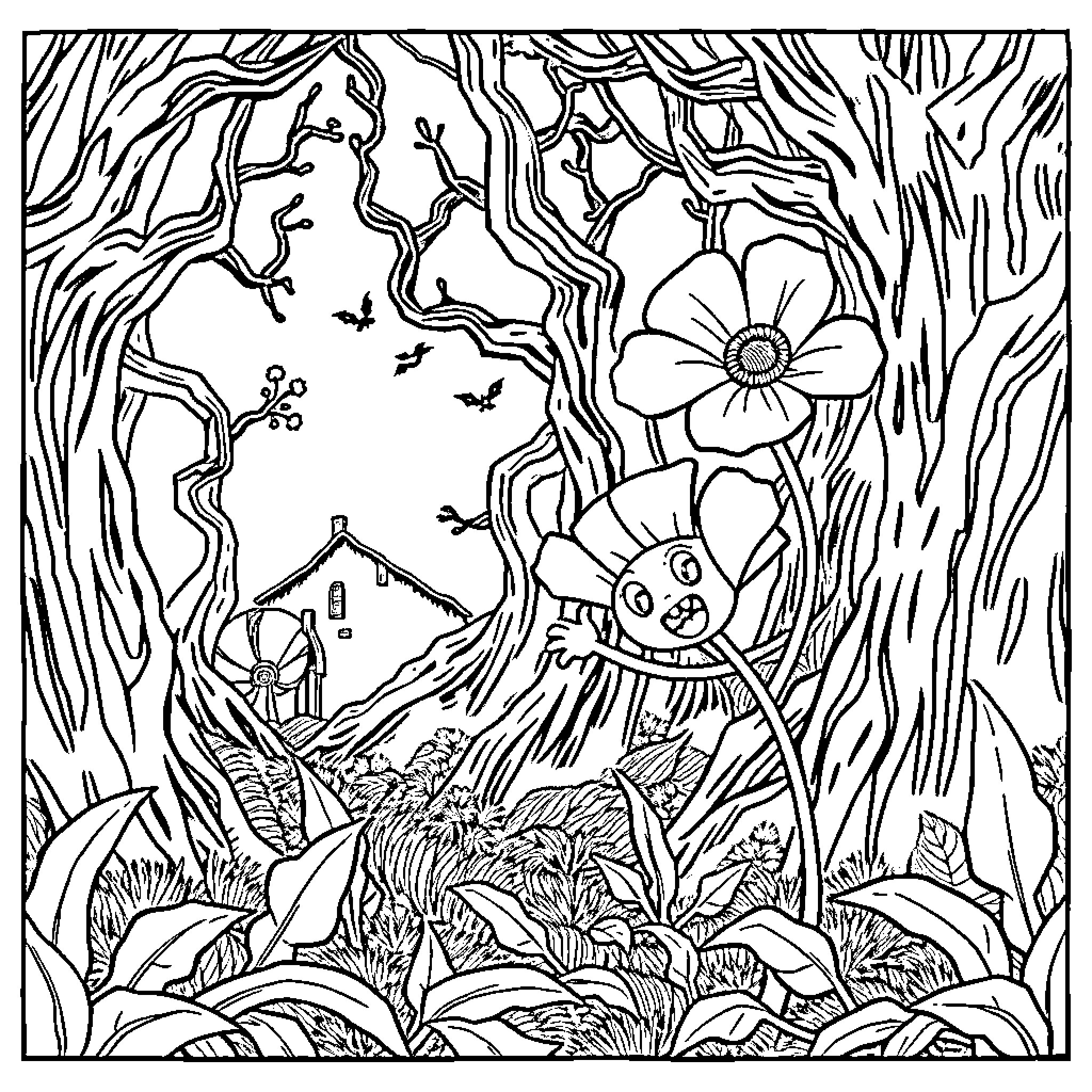 Poppy's Whimsical Forest Adventure Coloring Page (free black-and-white line drawing printable PDF for all, from beginners to advanced learners, including children, teens, adults, and seniors)