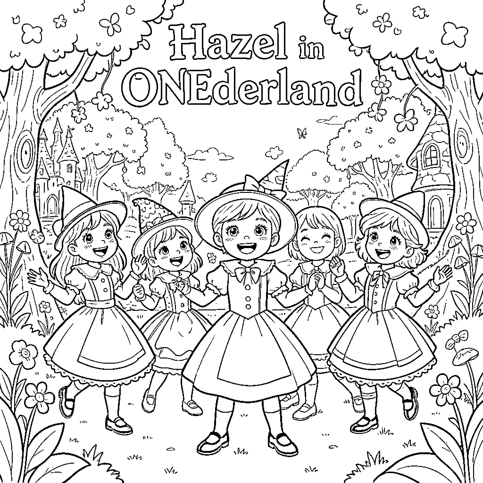 Alice and her friends explore the whimsical world of ONEderland Coloring Page (free black-and-white line drawing printable PDF for all, from beginners to advanced learners, including children, teens, adults, and seniors)