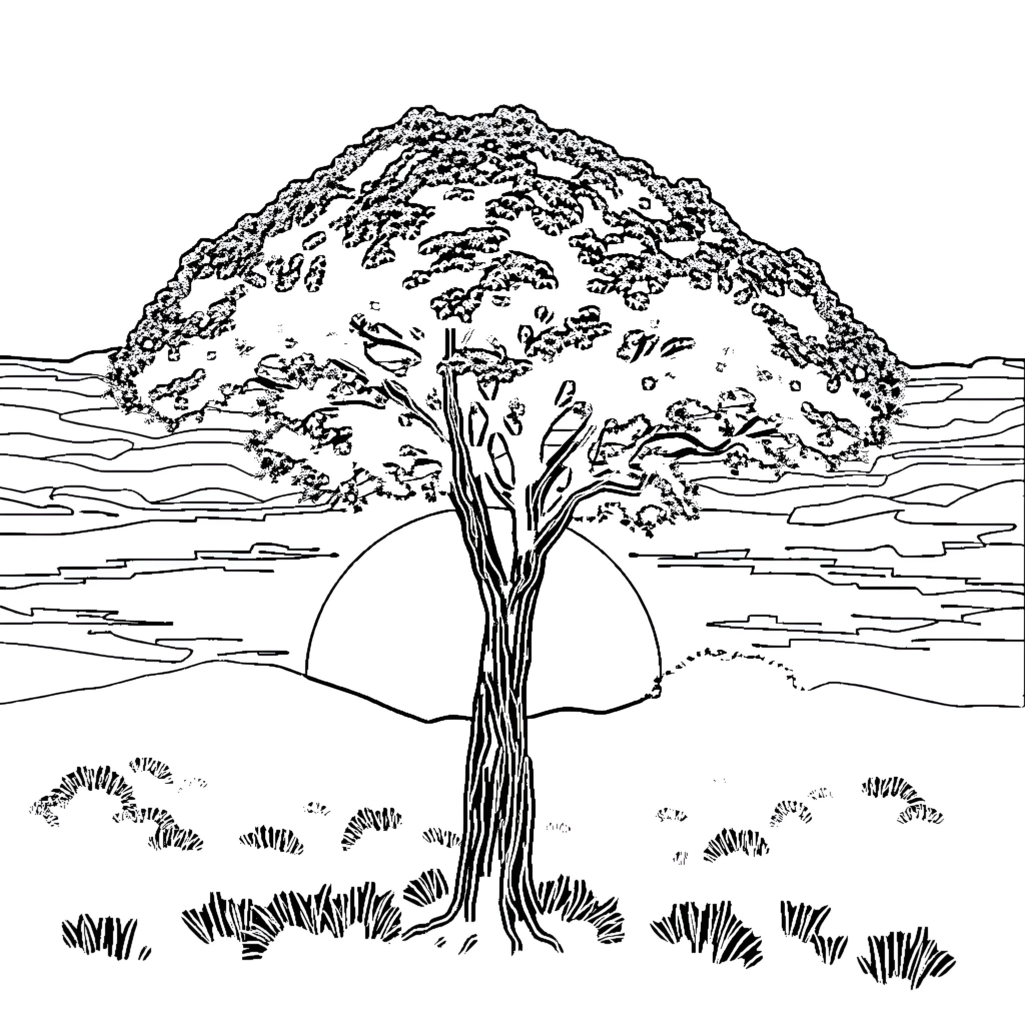 Silhouette of a lone tree against a sunset landscape Coloring Page (free black-and-white line drawing printable PDF for all, from beginners to advanced learners, including children, teens, adults, and seniors)