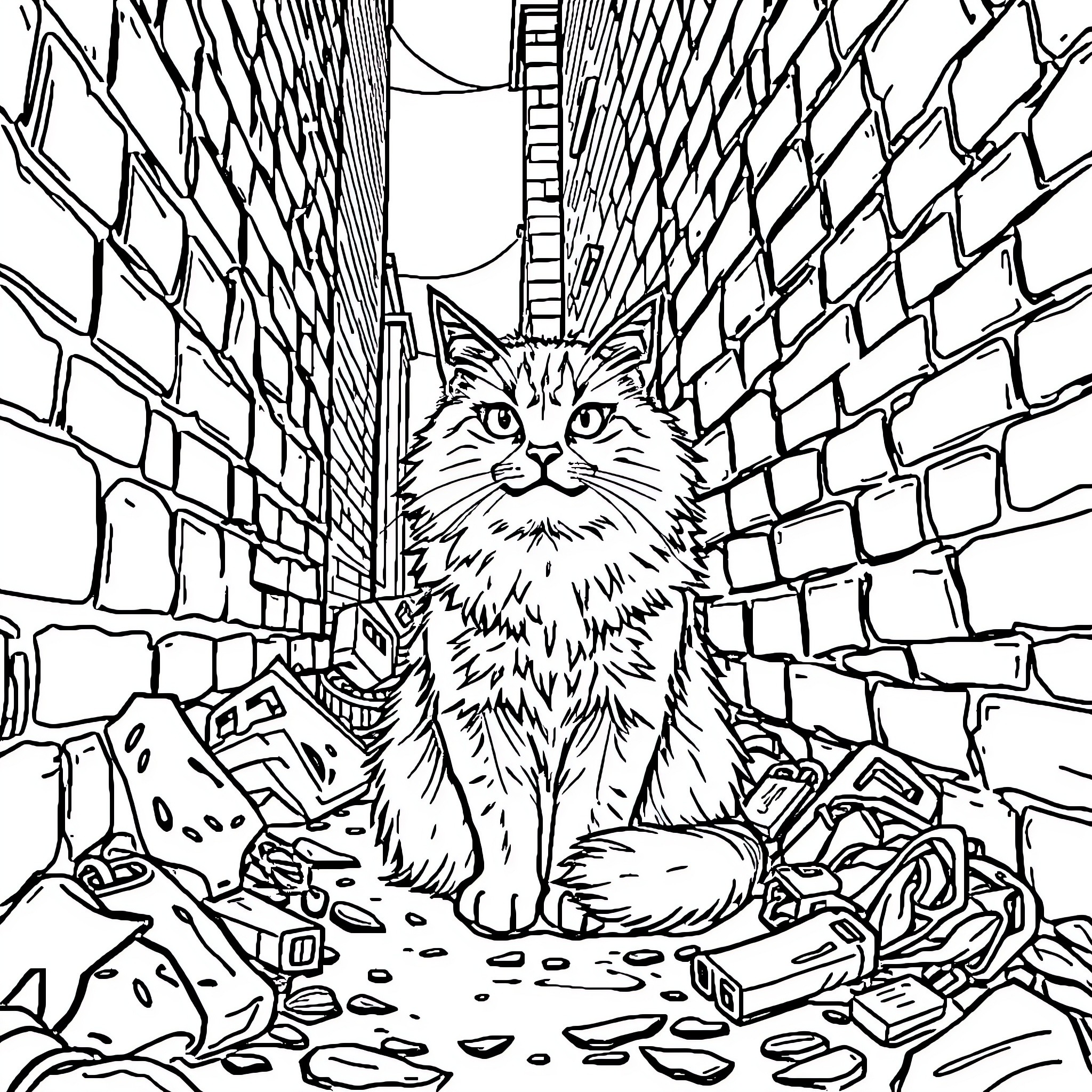 Cat exploring a maze-like alley Coloring Page (free black-and-white line drawing printable PDF for all, from beginners to advanced learners, including children, teens, adults, and seniors)
