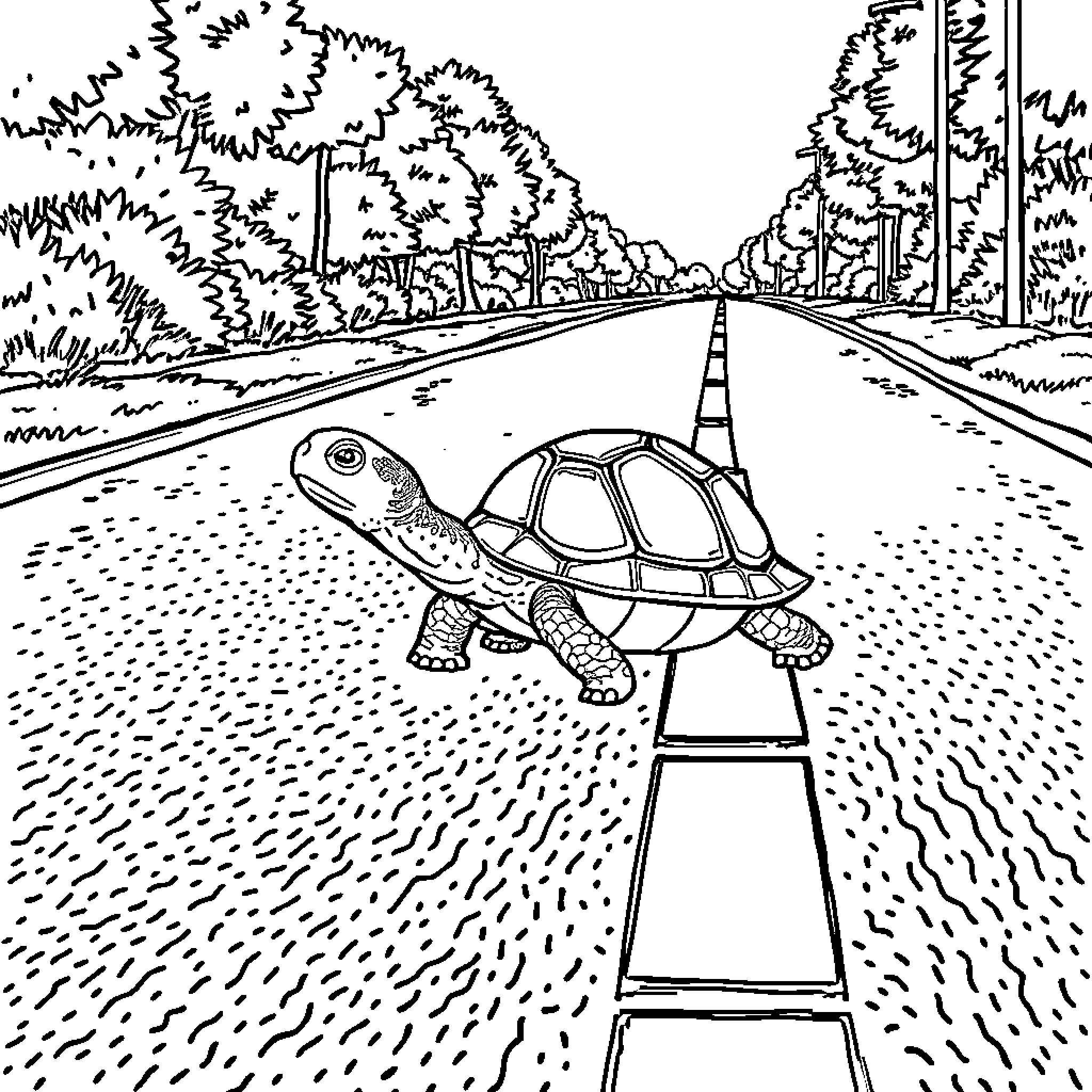 Turtle crossing the road in the countryside Coloring Page (free black-and-white line drawing printable PDF for all, from beginners to advanced learners, including children, teens, adults, and seniors)