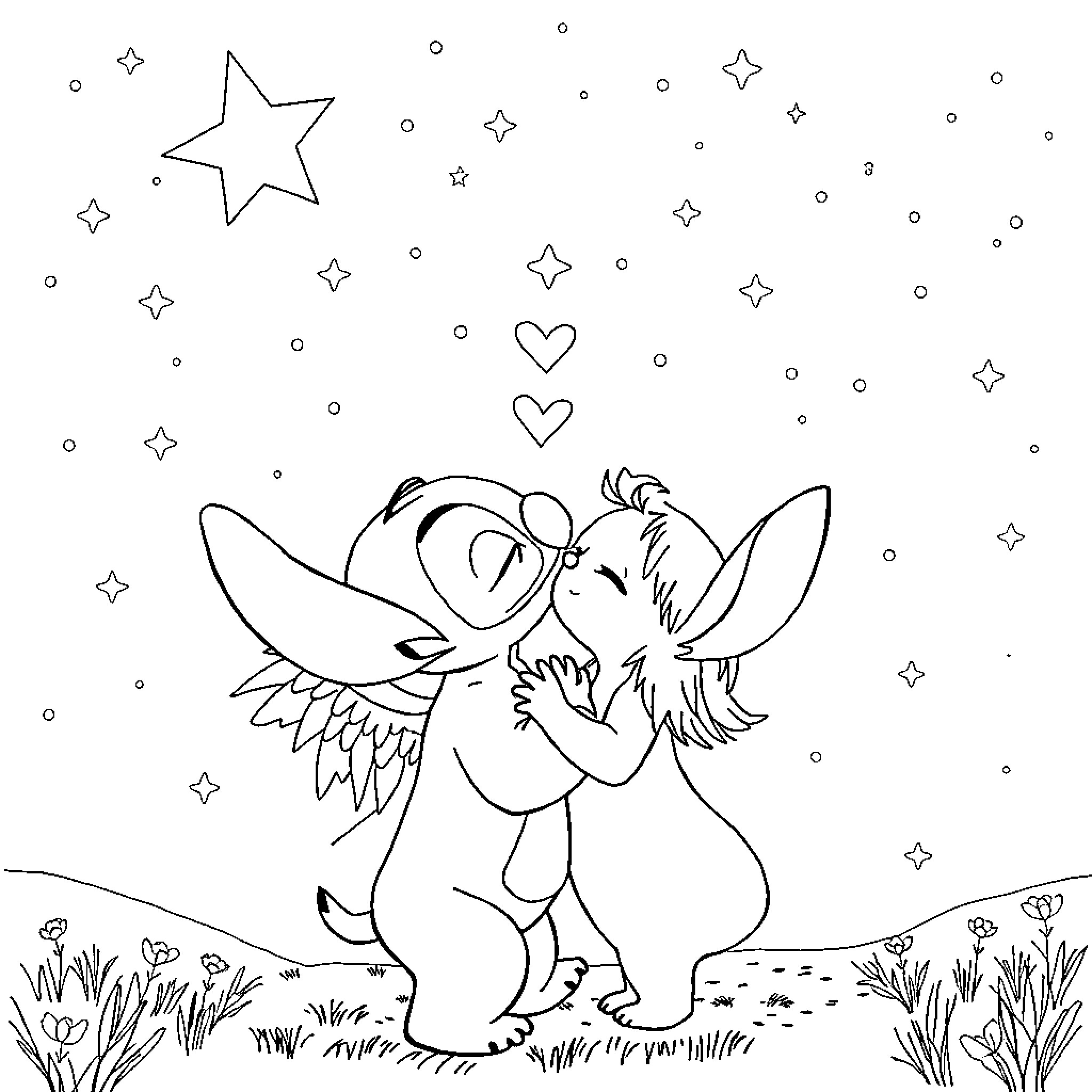 Stitch hugging Angel under the starry sky Coloring Page (free black-and-white line drawing printable PDF for all, from beginners to advanced learners, including children, teens, adults, and seniors)