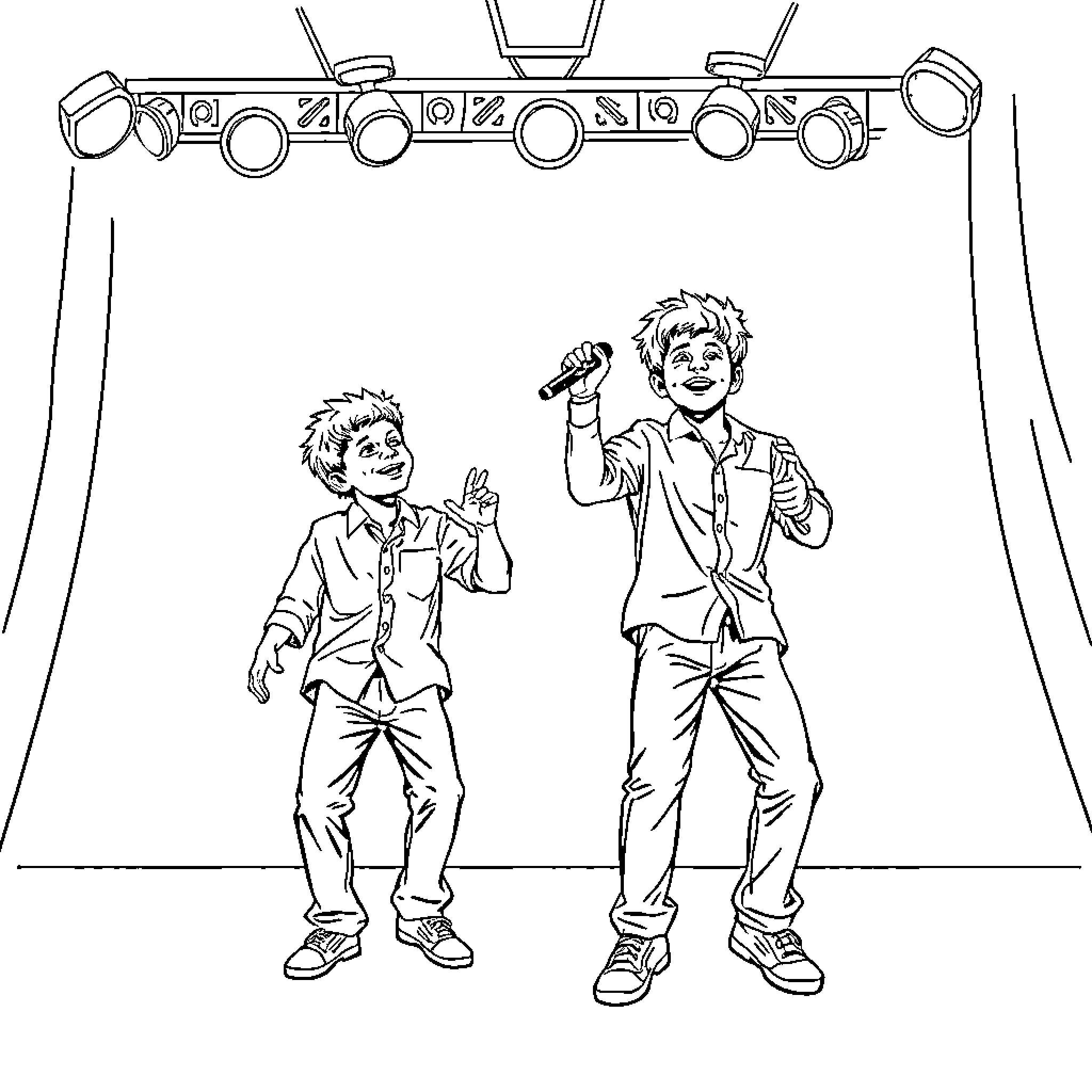 Saja Boy Performers on Stage Coloring Page (free black-and-white line drawing printable PDF for all, from beginners to advanced learners, including children, teens, adults, and seniors)