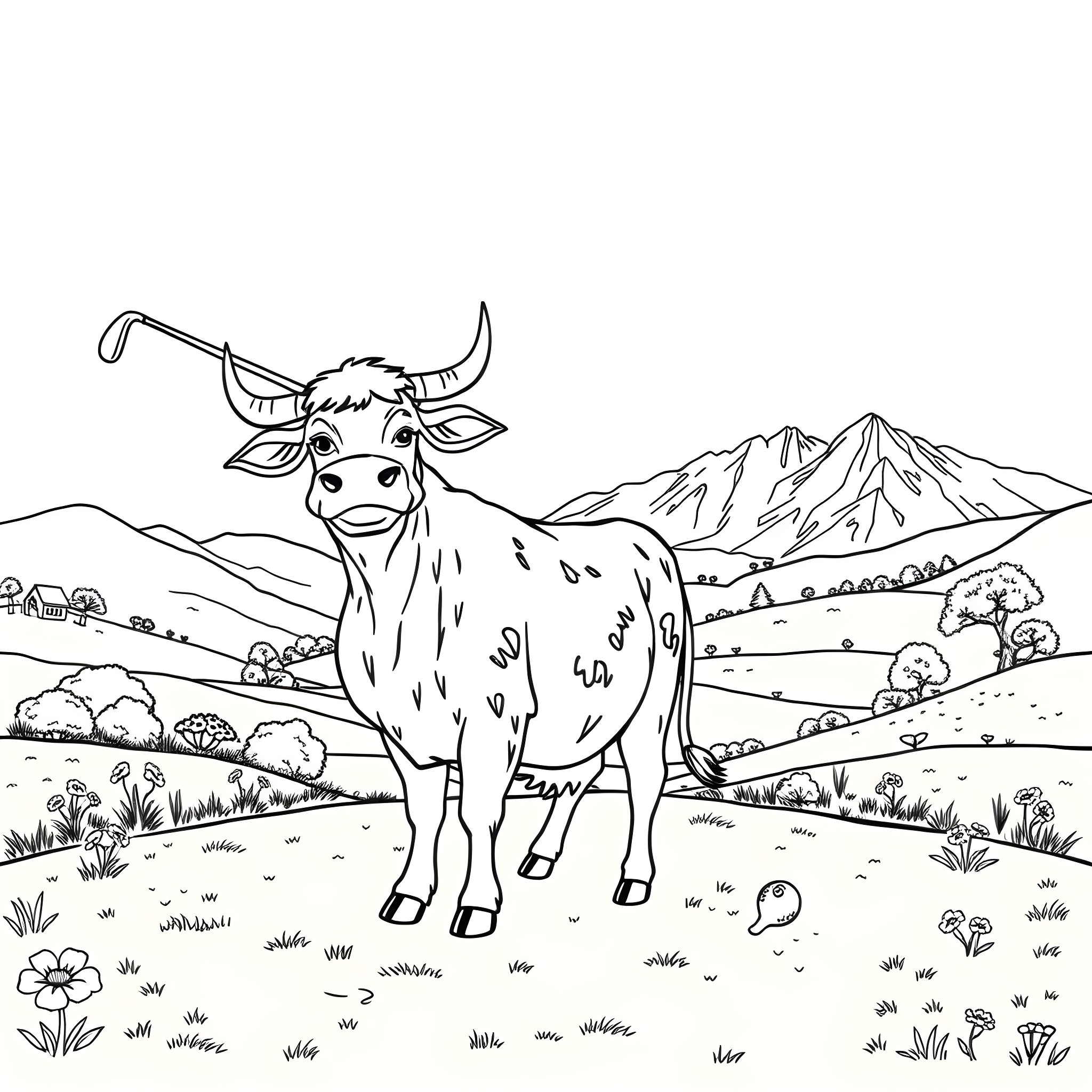 Highland Cow Grazing in a Scenic Mountain Landscape Coloring Page (free black-and-white line drawing printable PDF for all, from beginners to advanced learners, including children, teens, adults, and seniors)
