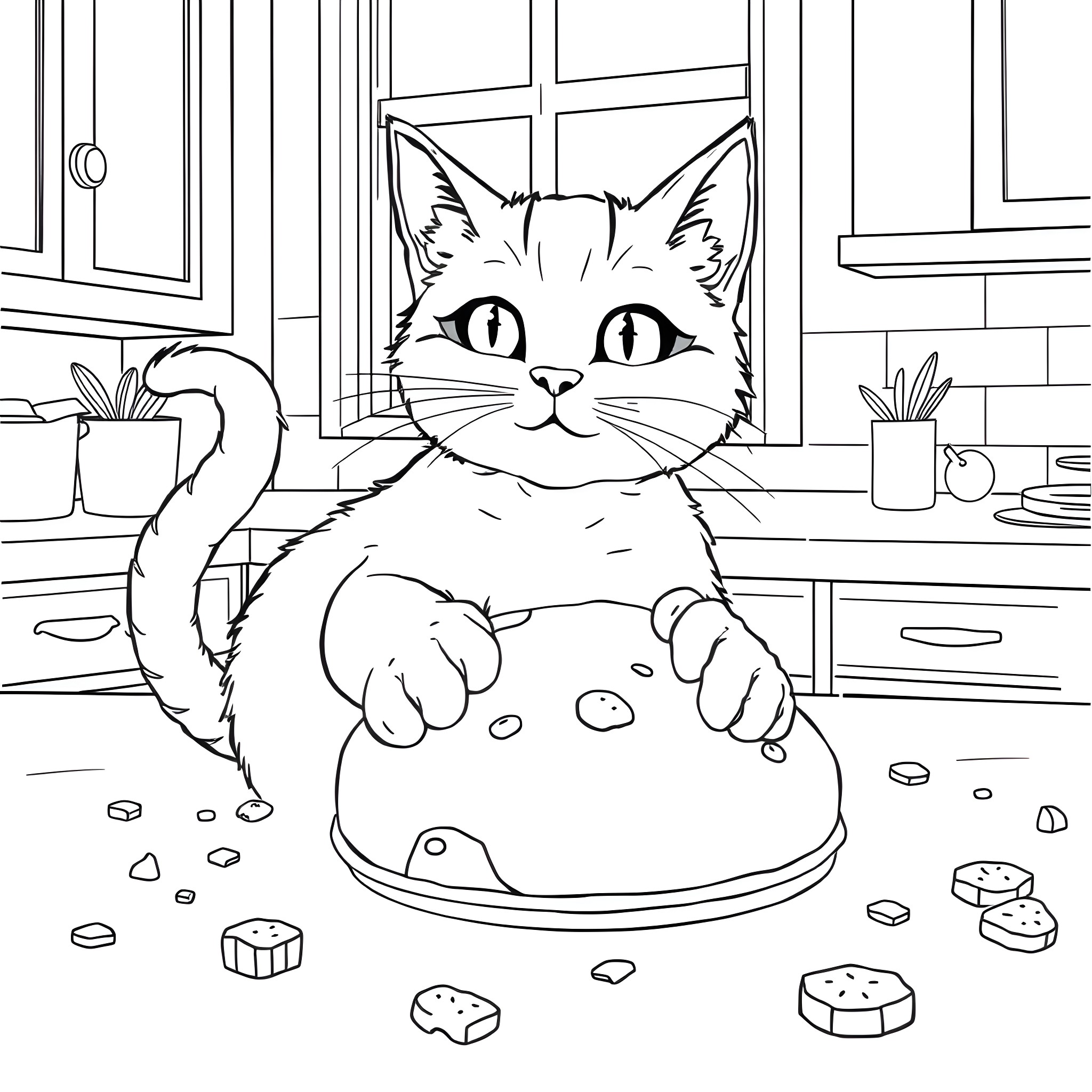 Cat enjoying treats in the kitchen Coloring Page (free black-and-white line drawing printable PDF for all, from beginners to advanced learners, including children, teens, adults, and seniors)