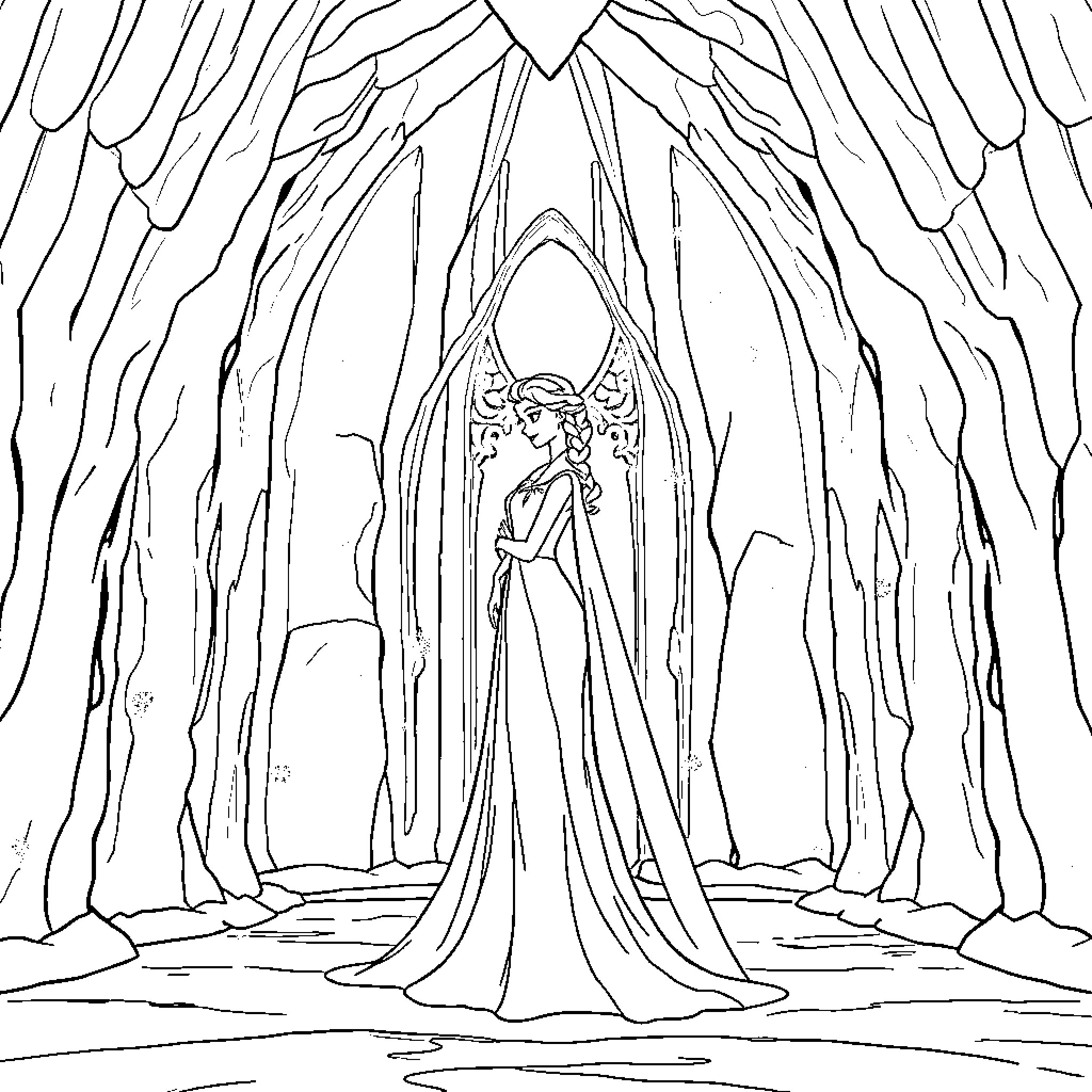 Elsa in a grand, icy palace Coloring Page (free black-and-white line drawing printable PDF for all, from beginners to advanced learners, including children, teens, adults, and seniors)