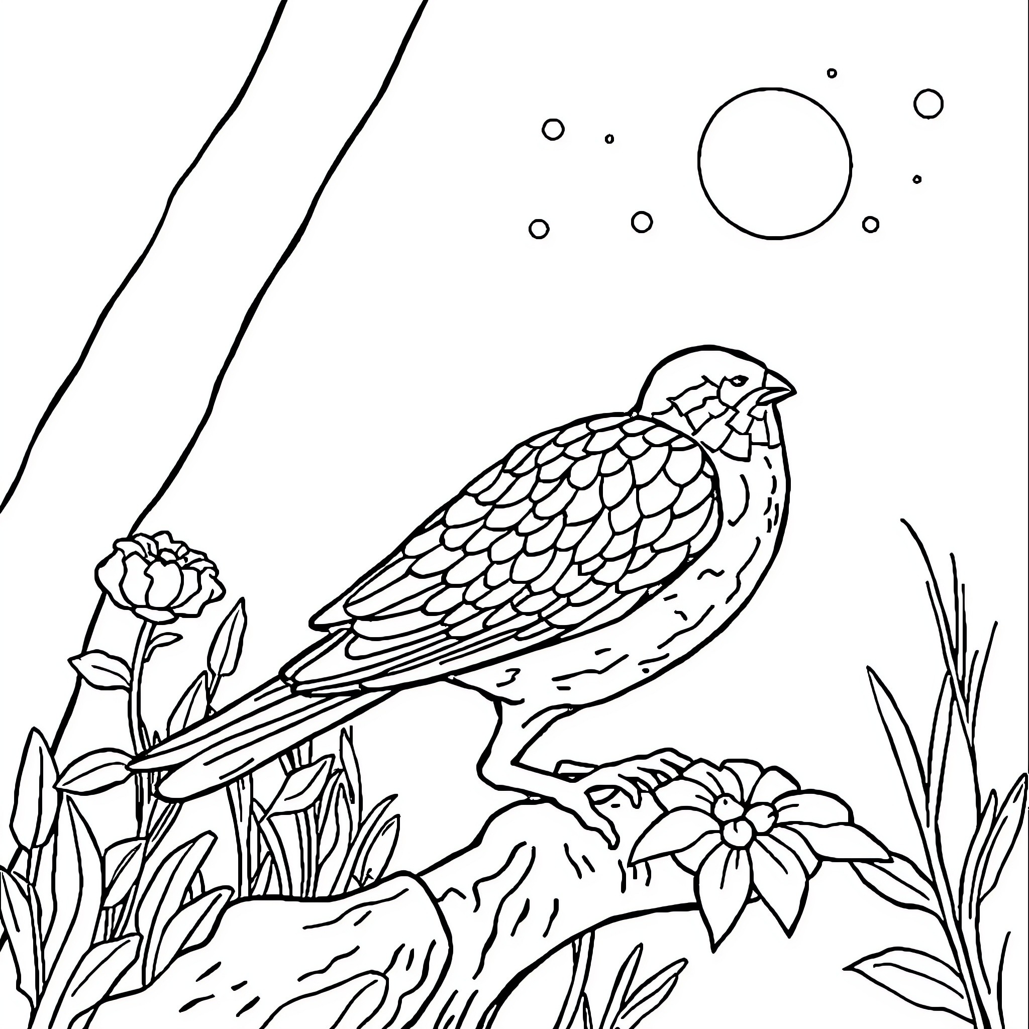 Lion resting amidst nature Coloring Page (free black-and-white line drawing printable PDF for all, from beginners to advanced learners, including children, teens, adults, and seniors)