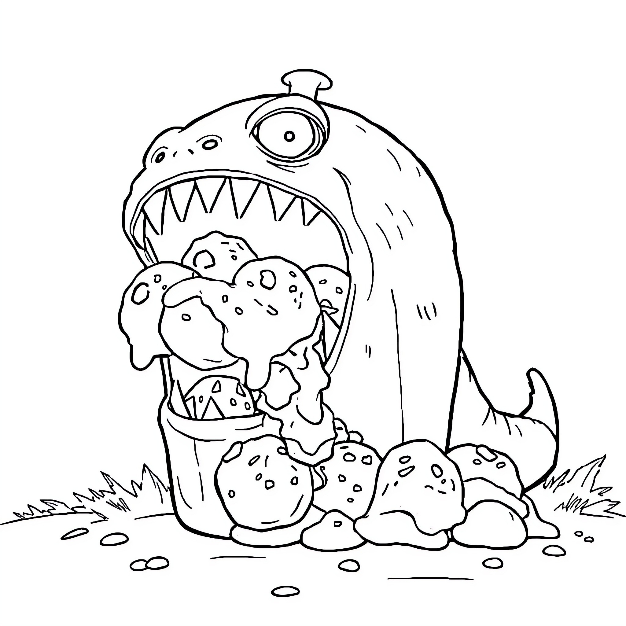 Monster devouring rocks and pebbles in a barren landscape Coloring Page (free black-and-white line drawing printable PDF for all, from beginners to advanced learners, including children, teens, adults, and seniors)