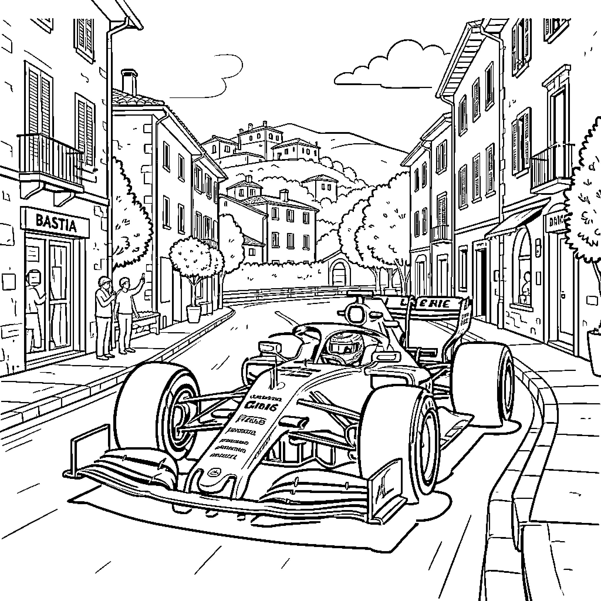 Charles Leclerc driving a racing car through a village Coloring Page (free black-and-white line drawing printable PDF for all, from beginners to advanced learners, including children, teens, adults, and seniors)