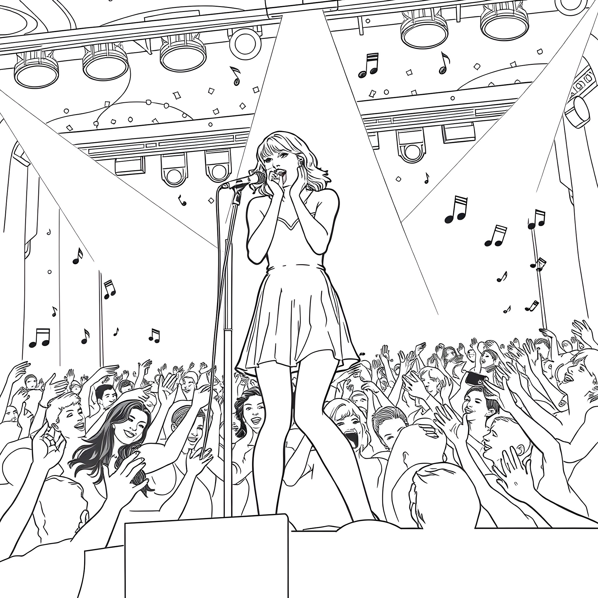 Taylor Swift performing on stage with a crowd Coloring Page (free black-and-white line drawing printable PDF for all, from beginners to advanced learners, including children, teens, adults, and seniors)