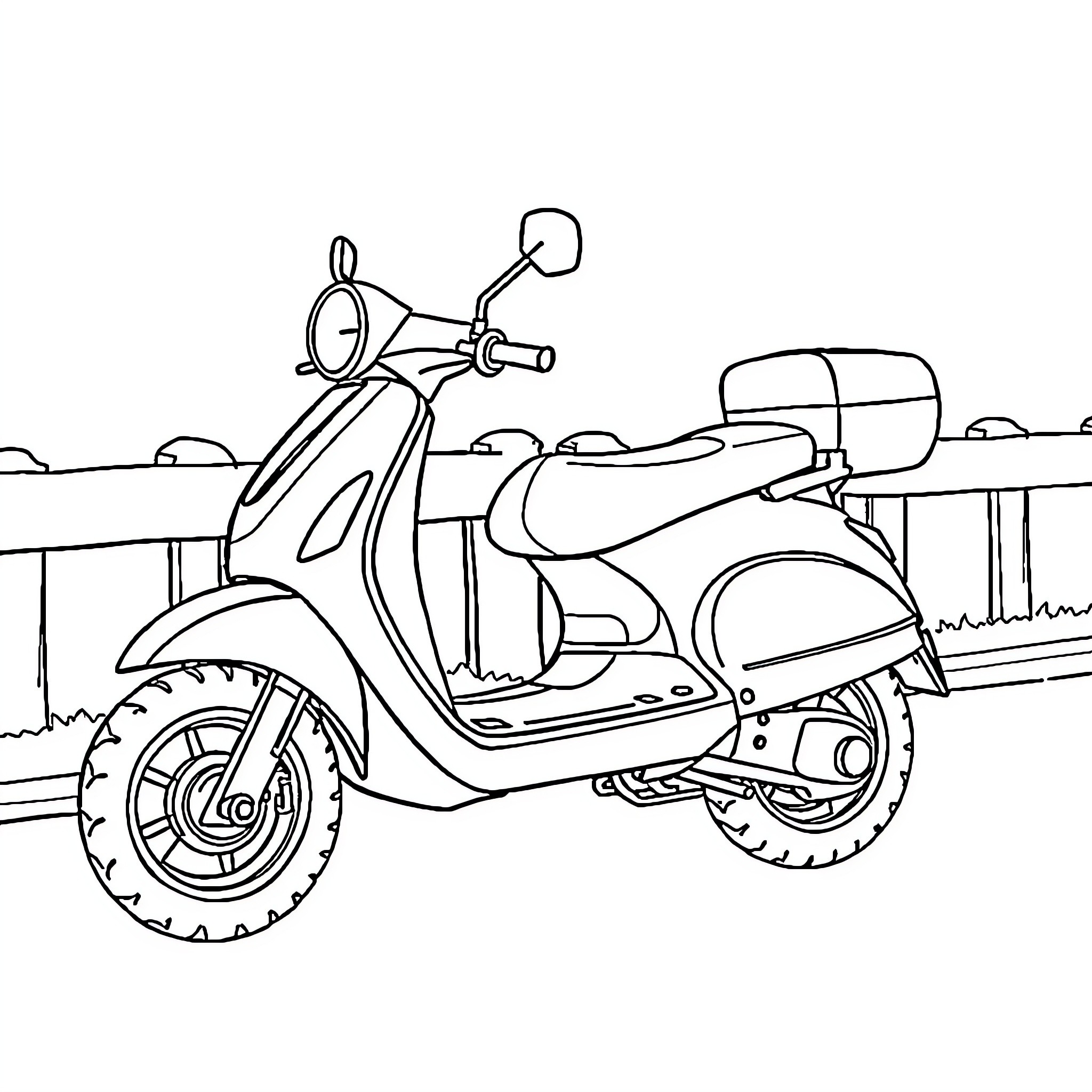 Scooter speeding through the countryside Coloring Page (free black-and-white line drawing printable PDF for all, from beginners to advanced learners, including children, teens, adults, and seniors)