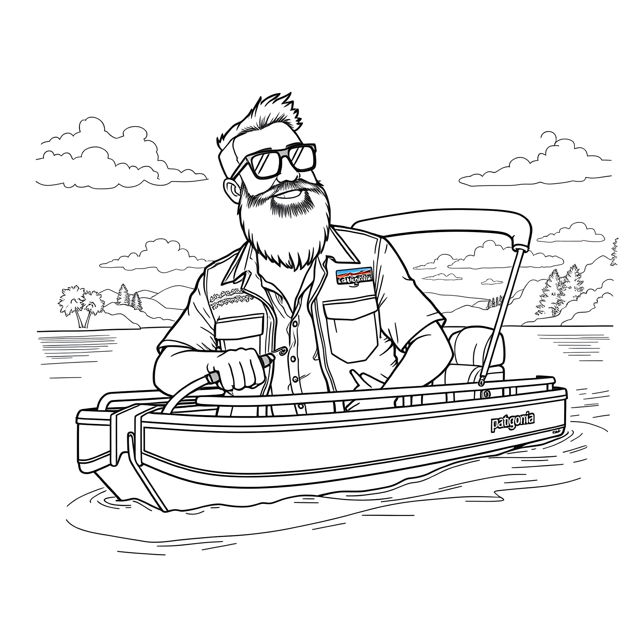 Man enjoying boat ride in scenic nature Coloring Page (free black-and-white line drawing printable PDF for all, from beginners to advanced learners, including children, teens, adults, and seniors)