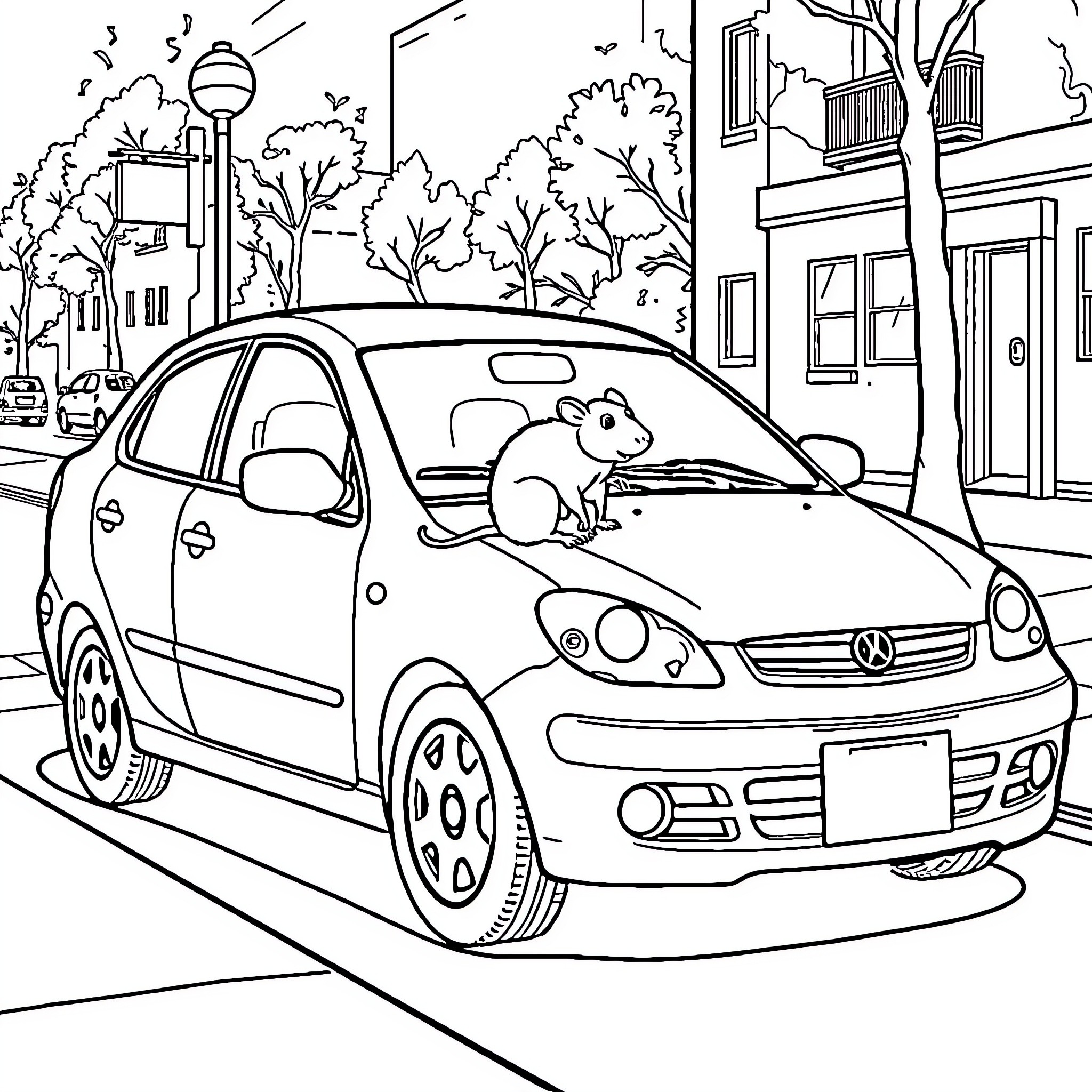 Car with a mouse on the street Coloring Page (free black-and-white line drawing printable PDF for all, from beginners to advanced learners, including children, teens, adults, and seniors)