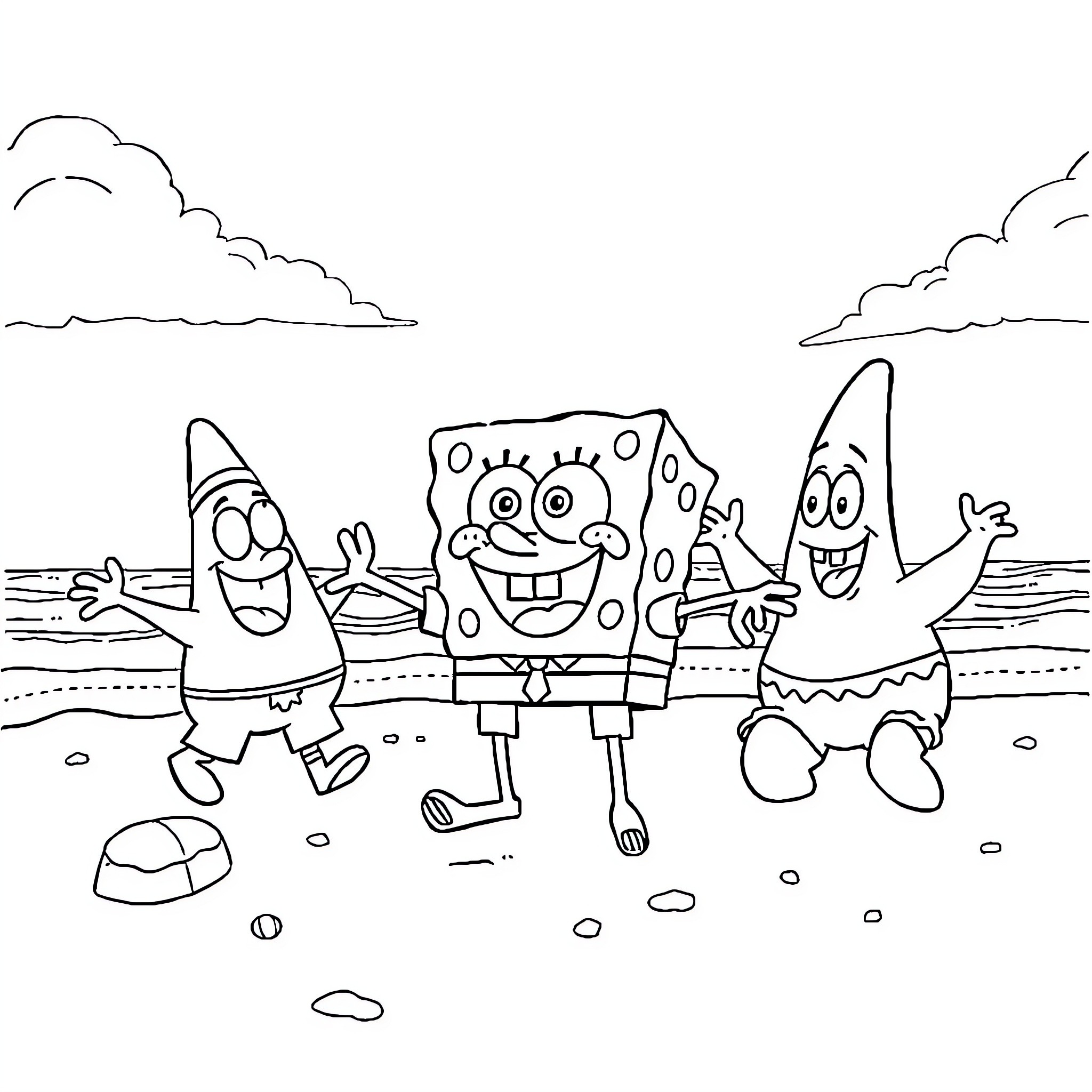 Spongebob and Friends Enjoying a Day at the Beach Coloring Page (free black-and-white line drawing printable PDF for all, from beginners to advanced learners, including children, teens, adults, and seniors)