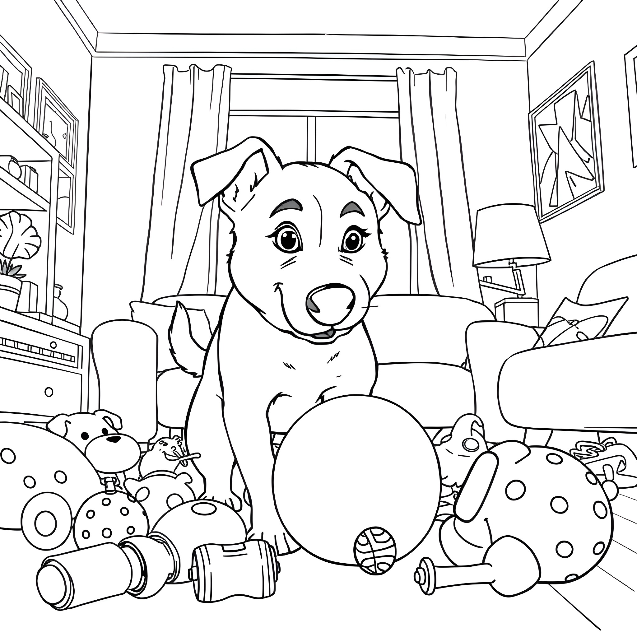 Dog Surrounded by Toys in Cozy Room Coloring Page (free black-and-white line drawing printable PDF for all, from beginners to advanced learners, including children, teens, adults, and seniors)