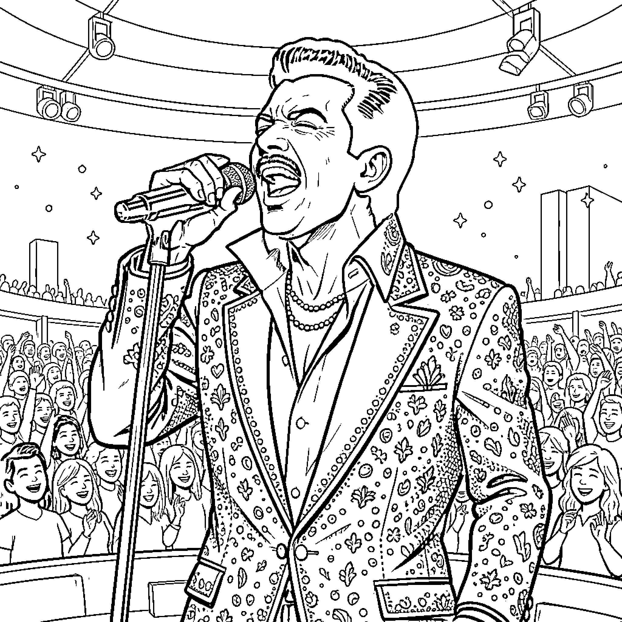 Freddie Mercury Captivating Audience on Stage Coloring Page (free black-and-white line drawing printable PDF for all, from beginners to advanced learners, including children, teens, adults, and seniors)