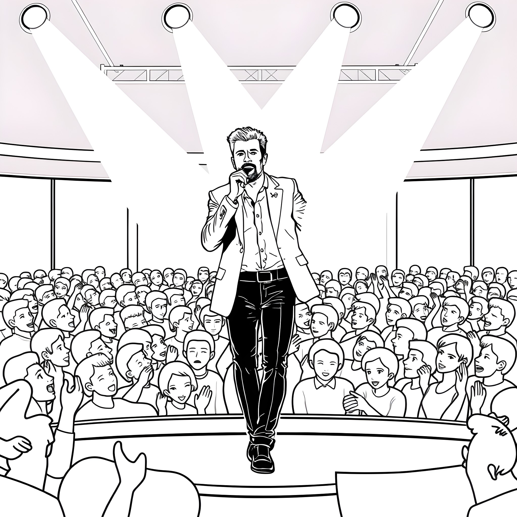 George Michael performing on stage before a large crowd Coloring Page (free black-and-white line drawing printable PDF for all, from beginners to advanced learners, including children, teens, adults, and seniors)