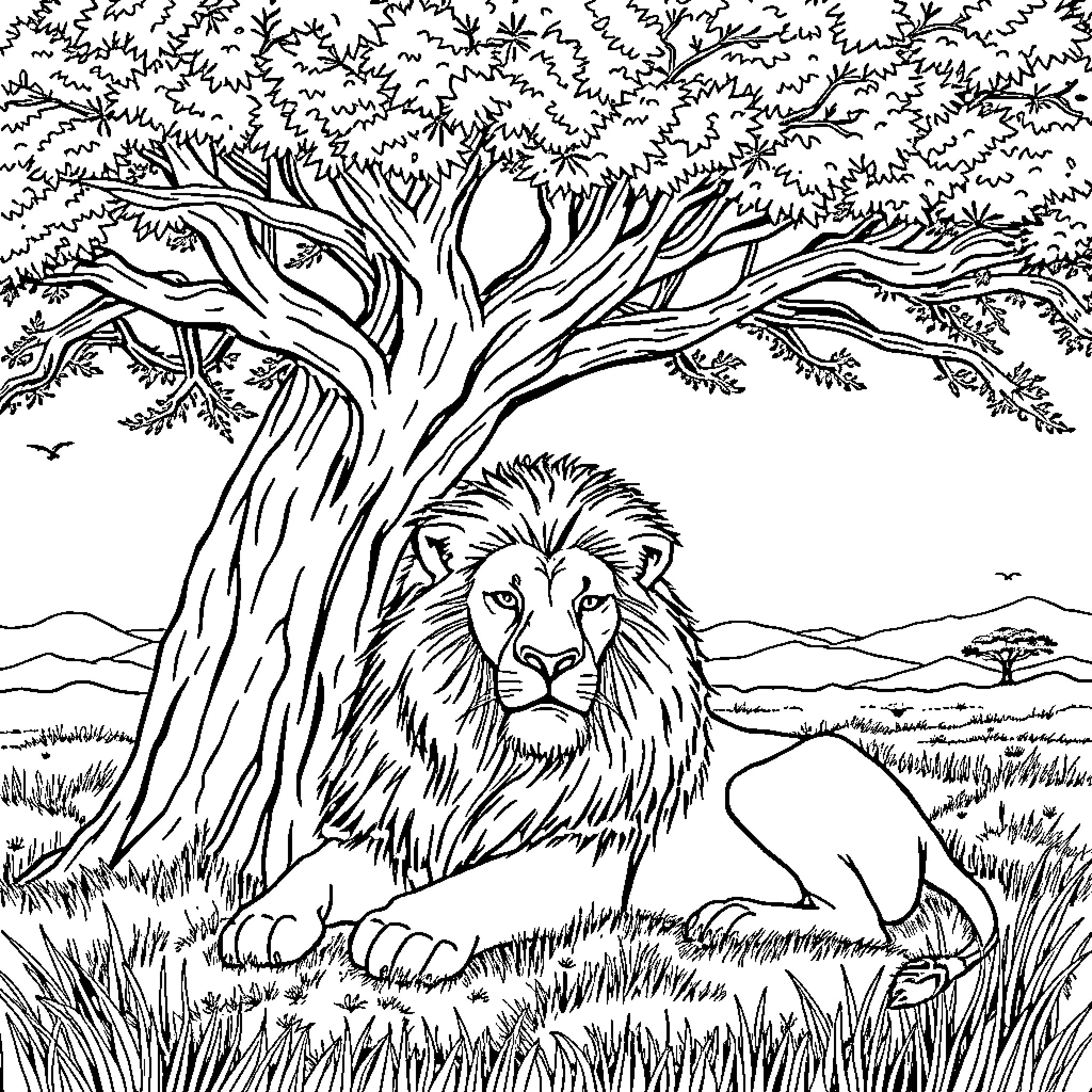 Lion resting under a large tree Coloring Page (free black-and-white line drawing printable PDF for all, from beginners to advanced learners, including children, teens, adults, and seniors)