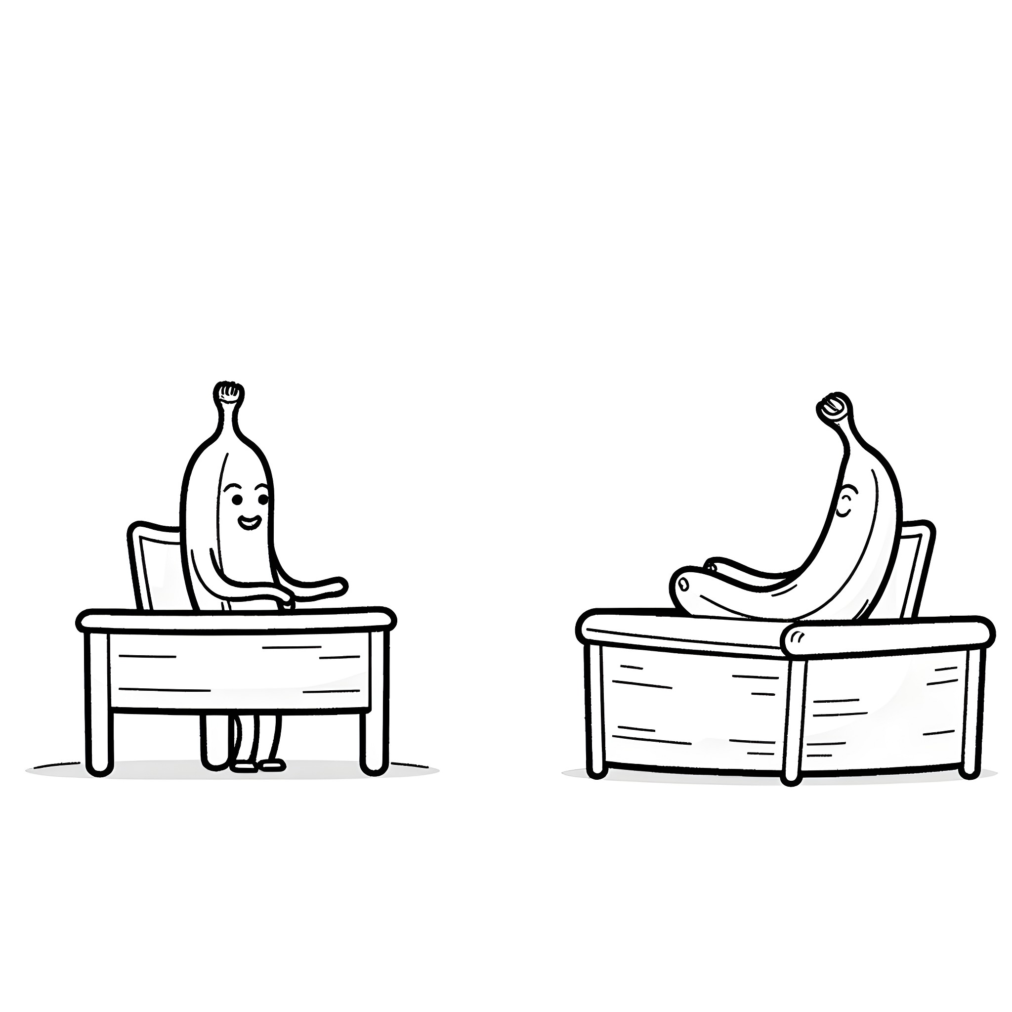 Banana characters relaxing on furniture Coloring Page (free black-and-white line drawing printable PDF for all, from beginners to advanced learners, including children, teens, adults, and seniors)