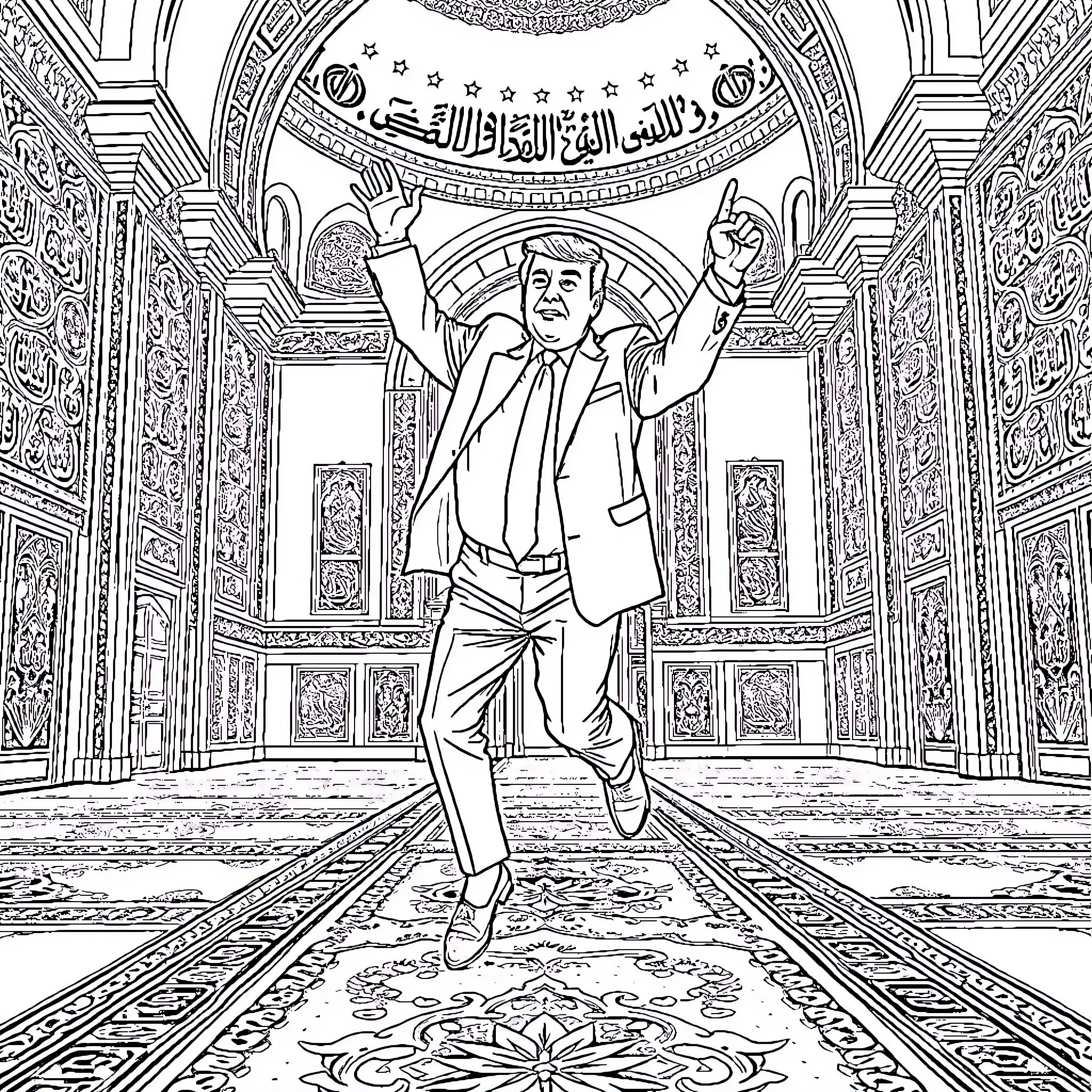 Donald Trump celebrating in an ornate Islamic building Coloring Page (free black-and-white line drawing printable PDF for all, from beginners to advanced learners, including children, teens, adults, and seniors)