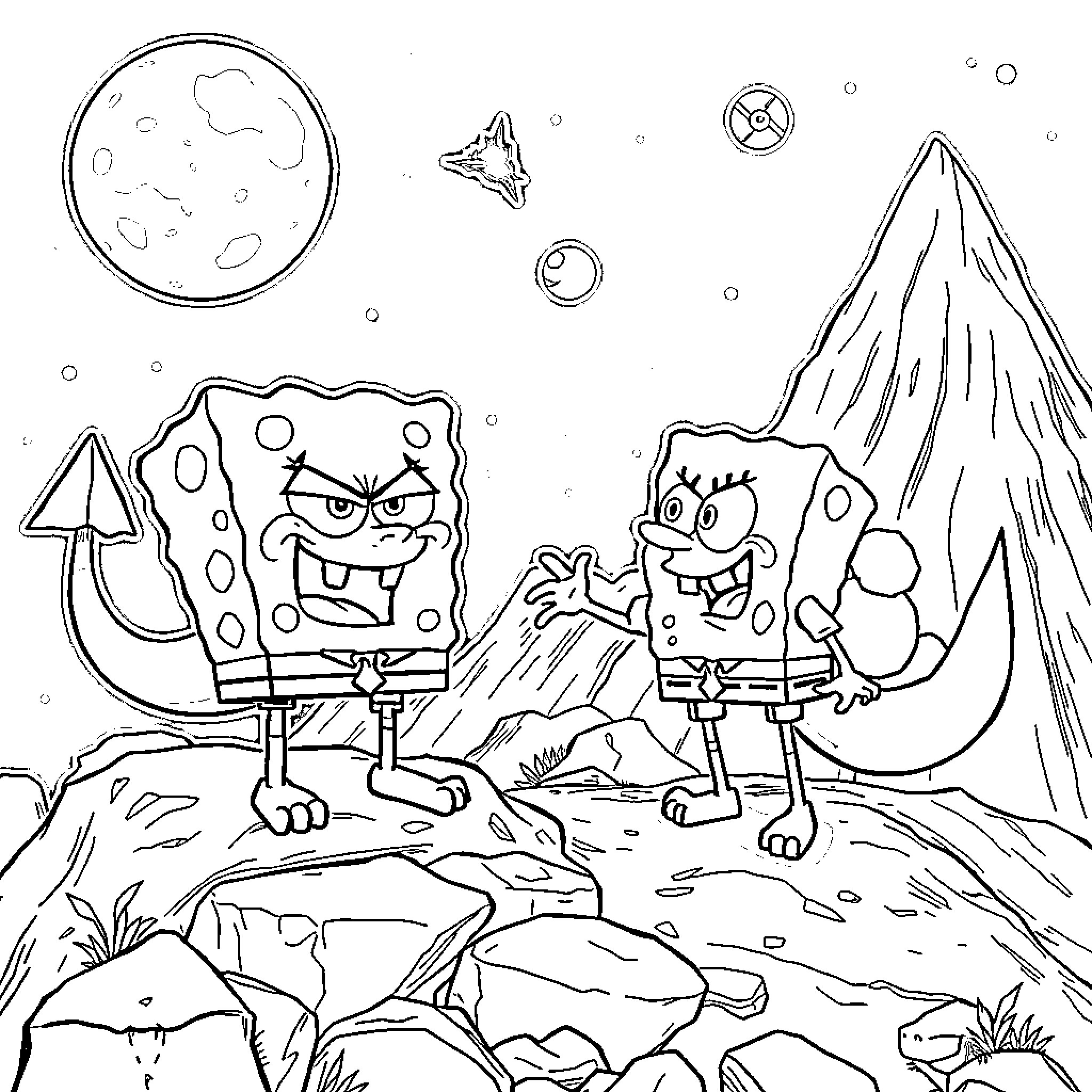 Spongebob and Patrick explore an alien landscape Coloring Page (free black-and-white line drawing printable PDF for all, from beginners to advanced learners, including children, teens, adults, and seniors)