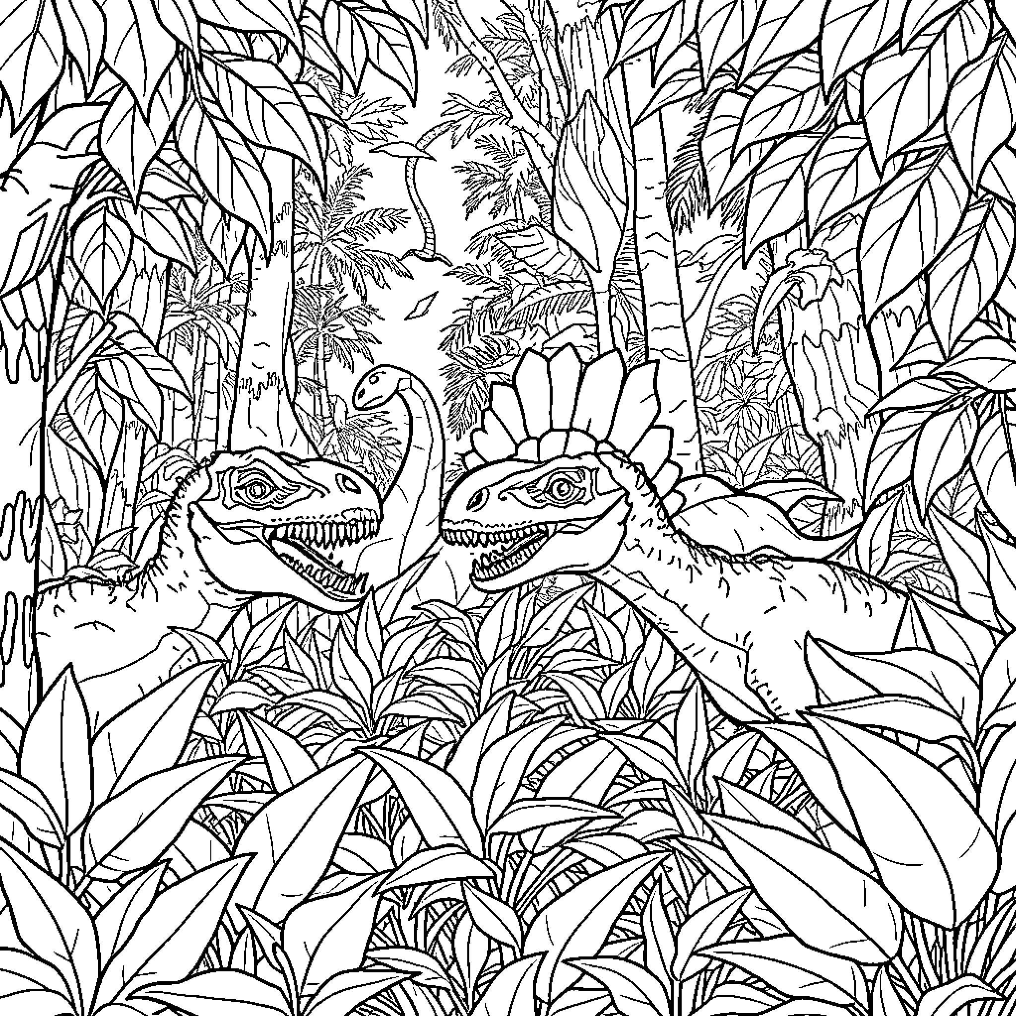 Dinosaurs battling fiercely in the dense jungle Coloring Page (free black-and-white line drawing printable PDF for all, from beginners to advanced learners, including children, teens, adults, and seniors)