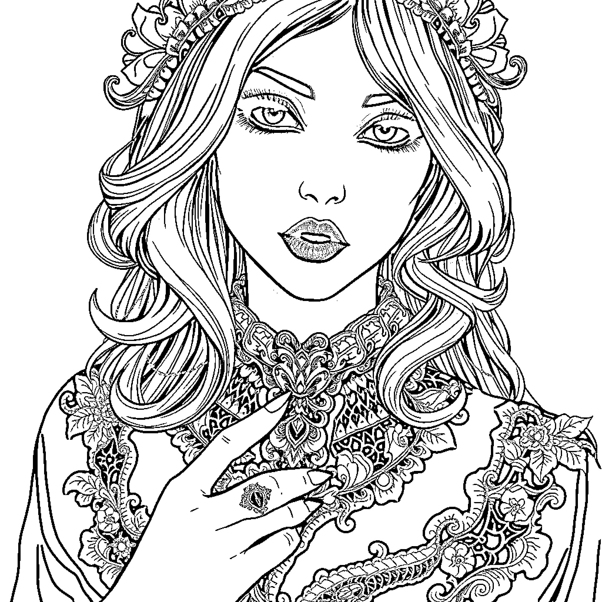 Goth Woman in Intricate Floral Adornment Coloring Page (free black-and-white line drawing printable PDF for all, from beginners to advanced learners, including children, teens, adults, and seniors)