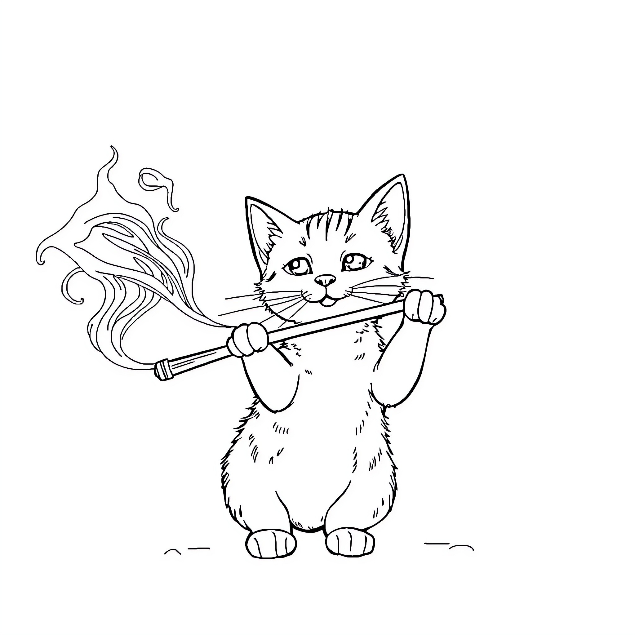 Kitten Sweeping with Broom Coloring Page (free black-and-white line drawing printable PDF for all, from beginners to advanced learners, including children, teens, adults, and seniors)