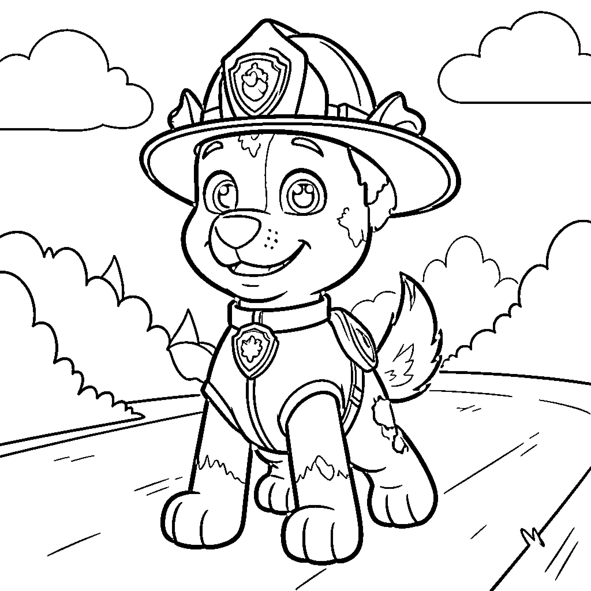 Marshall the Pup's Heroic Adventure Coloring Page (free black-and-white line drawing printable PDF for all, from beginners to advanced learners, including children, teens, adults, and seniors)