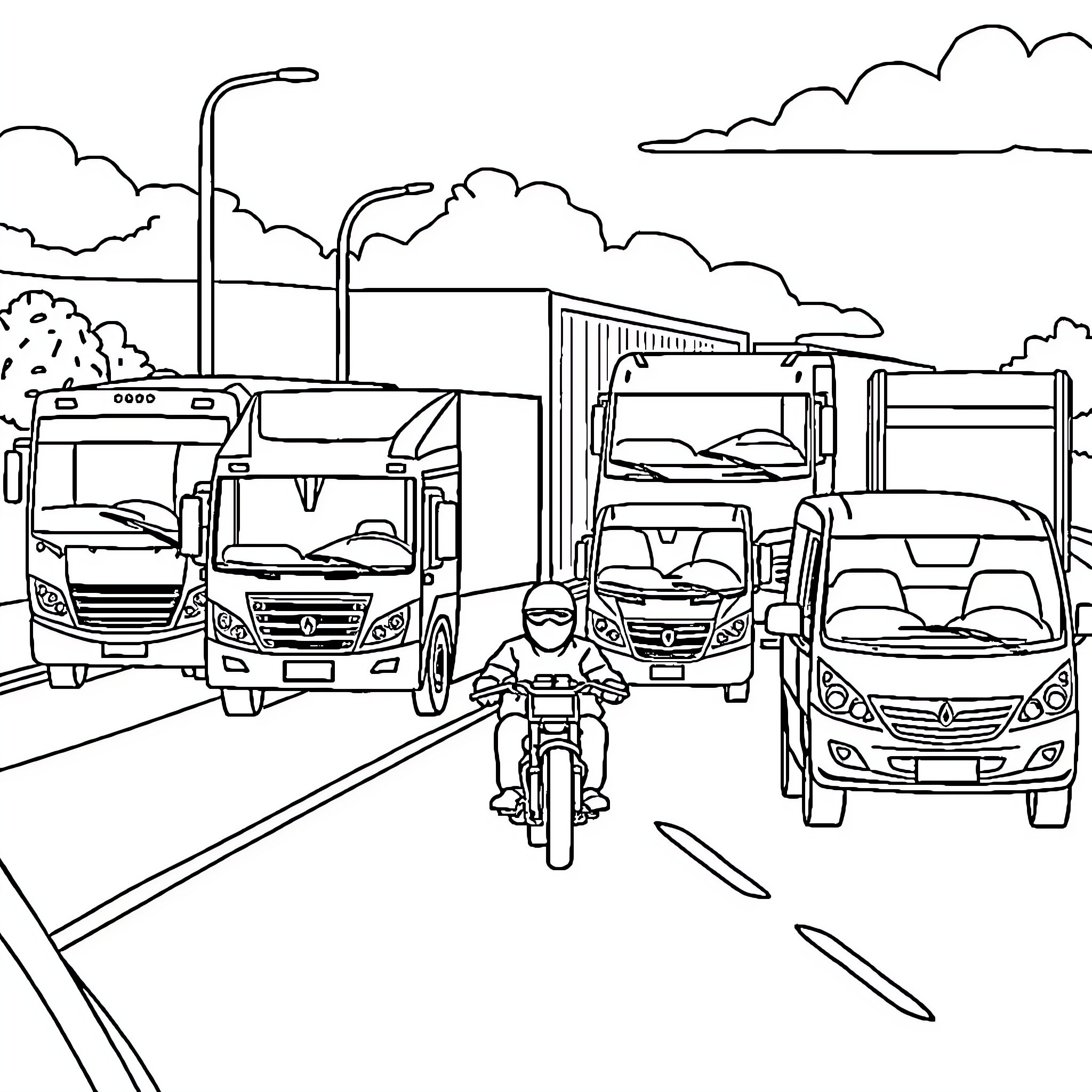 Vehicle convoy transporting goods on the highway Coloring Page (free black-and-white line drawing printable PDF for all, from beginners to advanced learners, including children, teens, adults, and seniors)