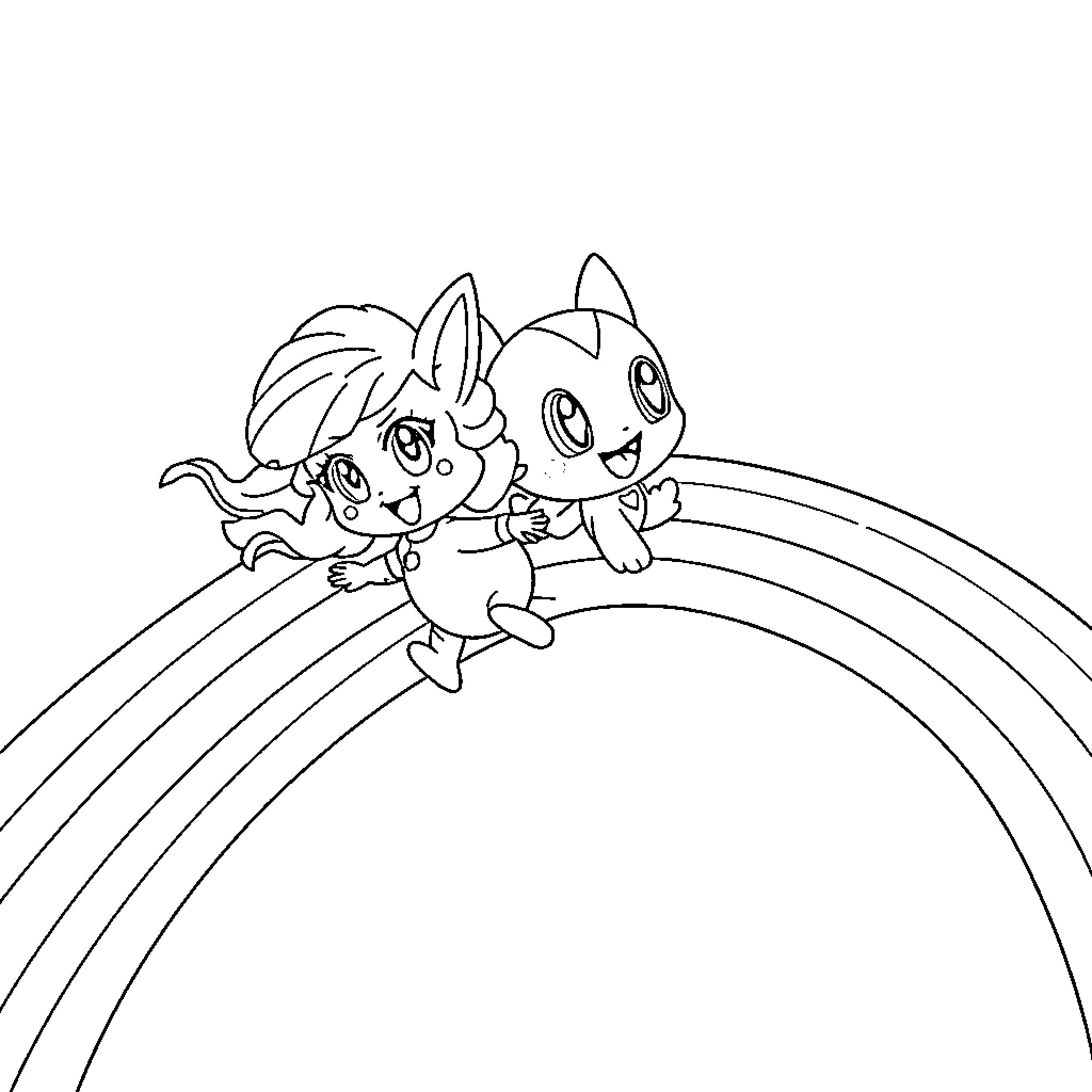 Mia and her pet exploring a rainbow Coloring Page (free black-and-white line drawing printable PDF for all, from beginners to advanced learners, including children, teens, adults, and seniors)