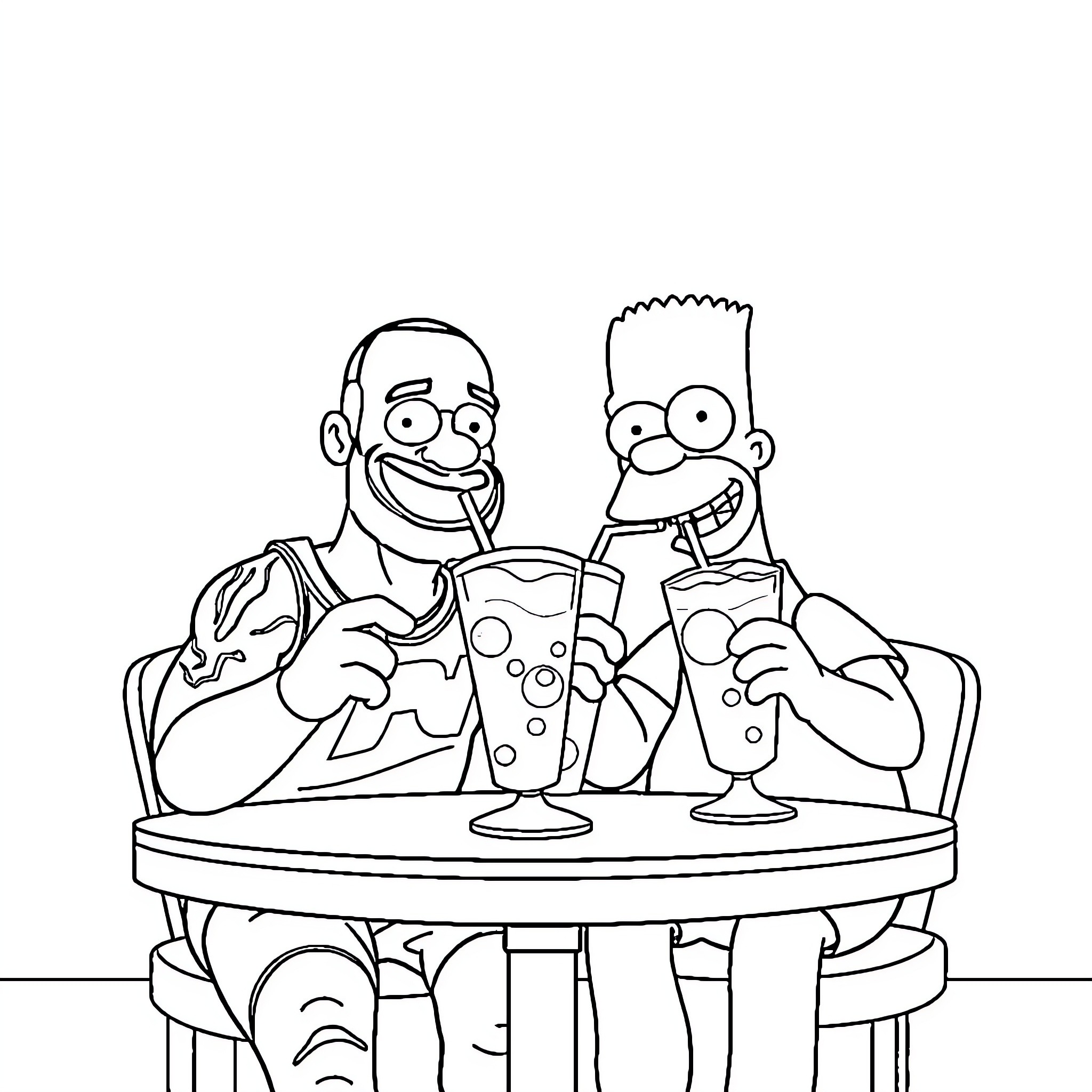 LeBron James and Bart Simpson in Playful Conversation Coloring Page (free black-and-white line drawing printable PDF for all, from beginners to advanced learners, including children, teens, adults, and seniors)