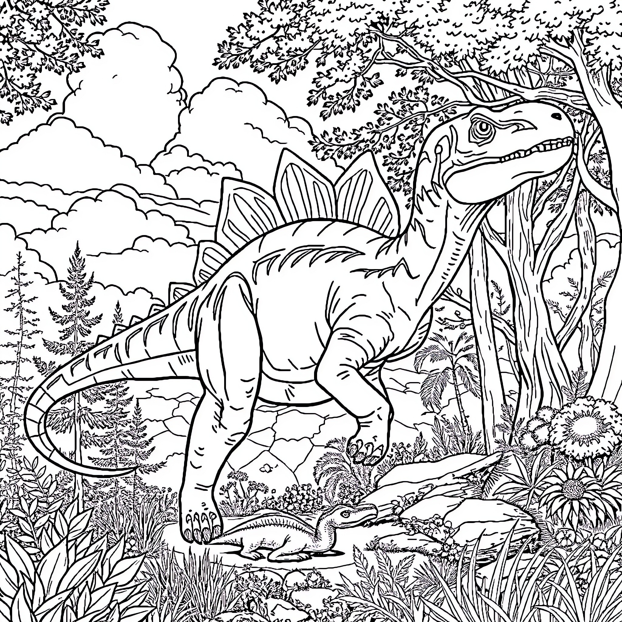 Tyrannosaurus roaming through a lush prehistoric landscape Coloring Page (free black-and-white line drawing printable PDF for all, from beginners to advanced learners, including children, teens, adults, and seniors)