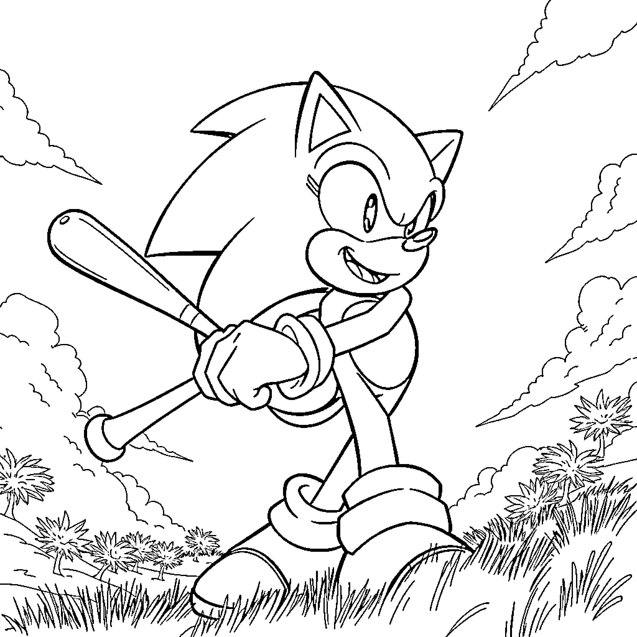 Sonic running through a grassy field Coloring Page (free black-and-white line drawing printable PDF for all, from beginners to advanced learners, including children, teens, adults, and seniors)