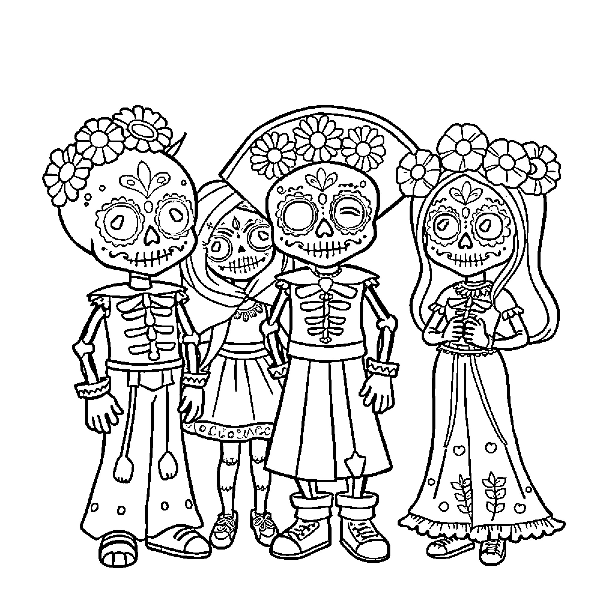 Cartoon Character Skeletons Celebrating in Festive Attire Coloring Page (free black-and-white line drawing printable PDF for all, from beginners to advanced learners, including children, teens, adults, and seniors)