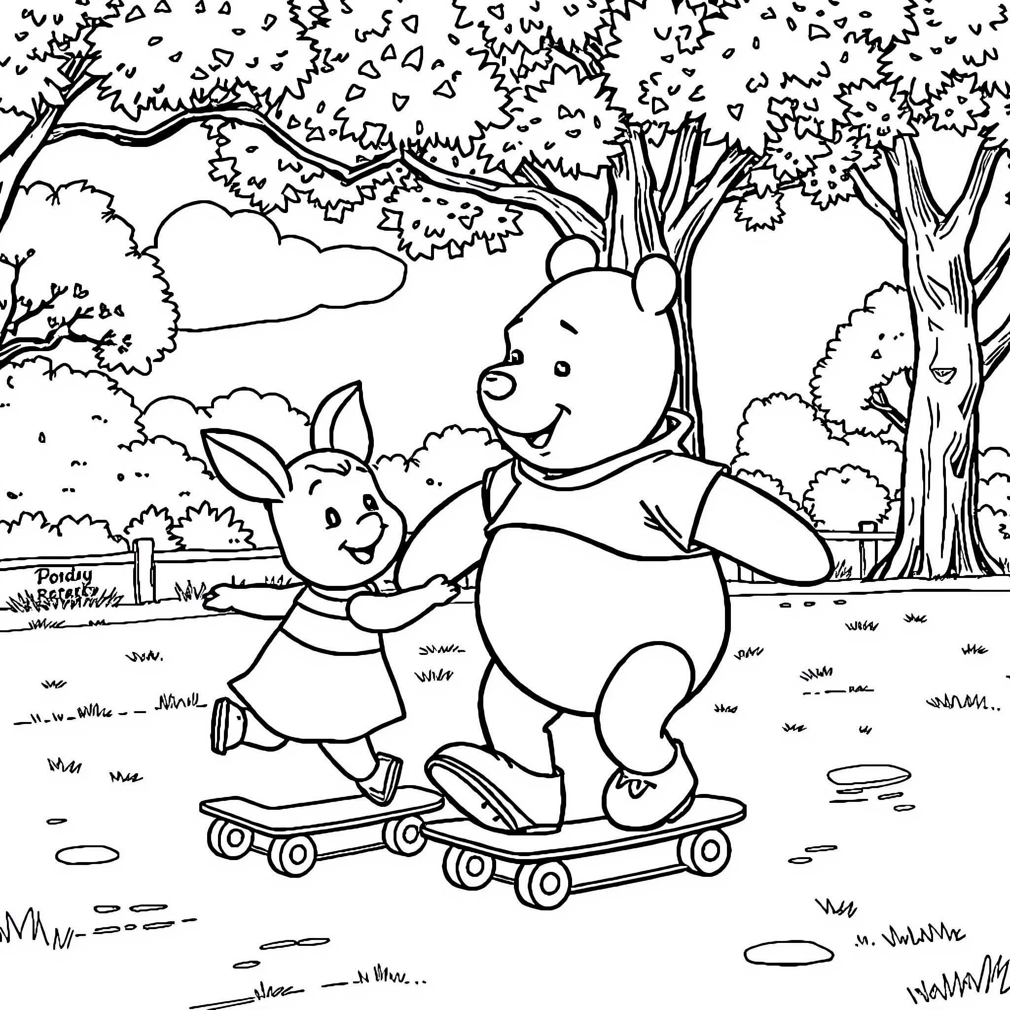 Winnie The Pooh and Piglet go skateboarding in the forest Coloring Page (free black-and-white line drawing printable PDF for all, from beginners to advanced learners, including children, teens, adults, and seniors)