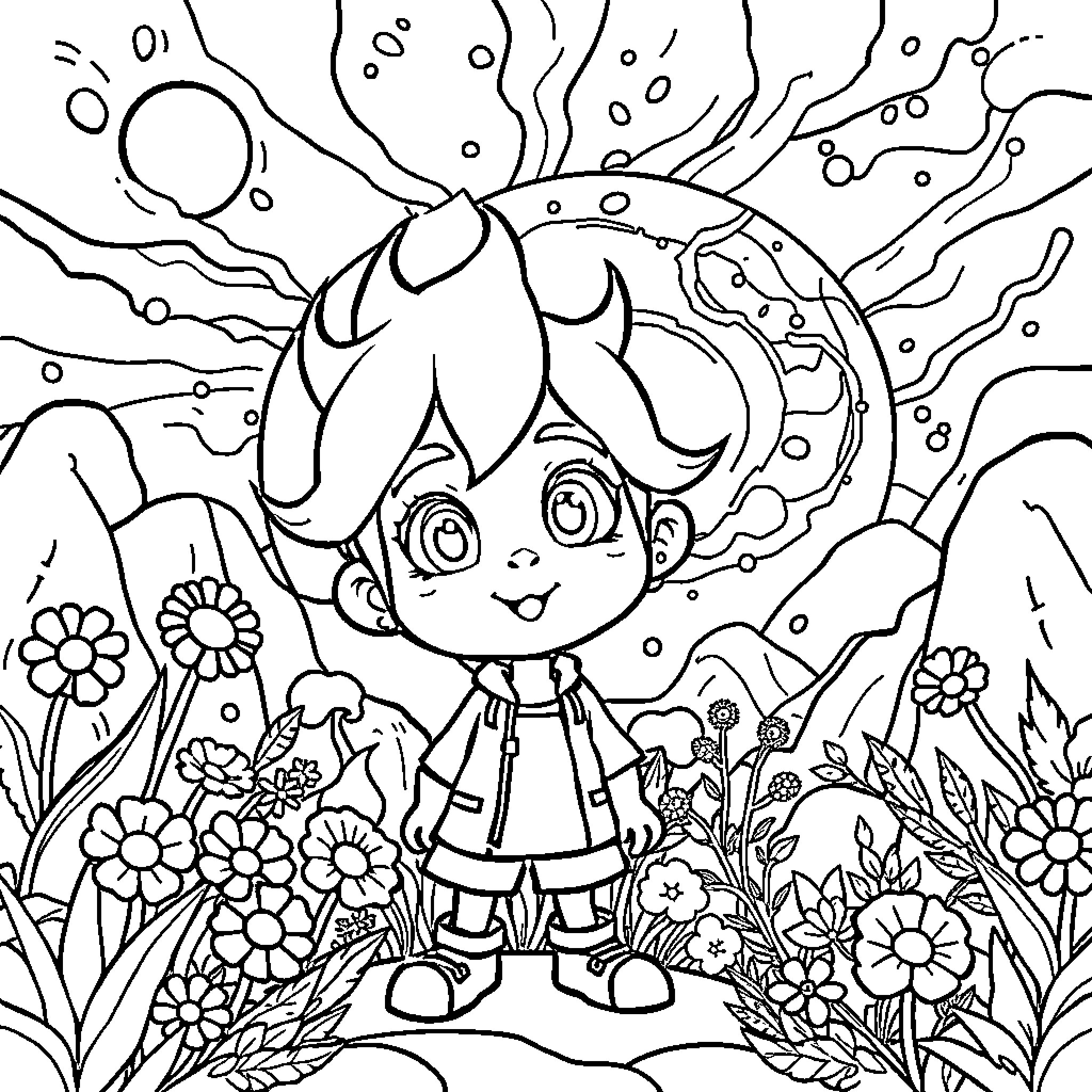 Animal enjoying colorful nature scene Coloring Page (free black-and-white line drawing printable PDF for all, from beginners to advanced learners, including children, teens, adults, and seniors)