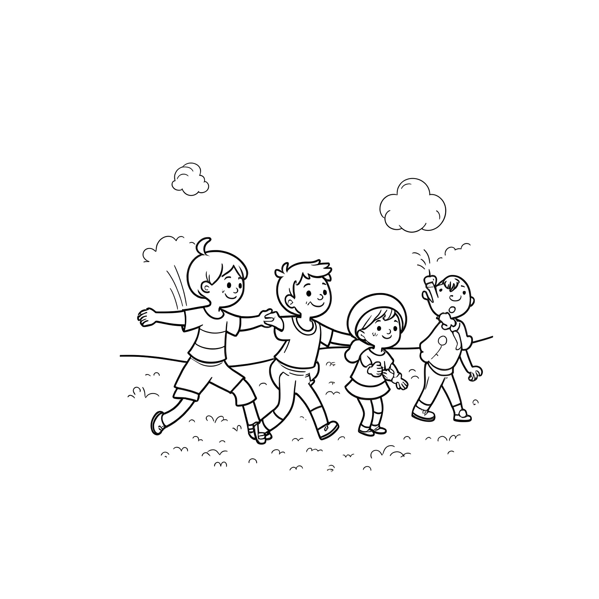 Kids playing joyfully in the park Coloring Page (free black-and-white line drawing printable PDF for all, from beginners to advanced learners, including children, teens, adults, and seniors)