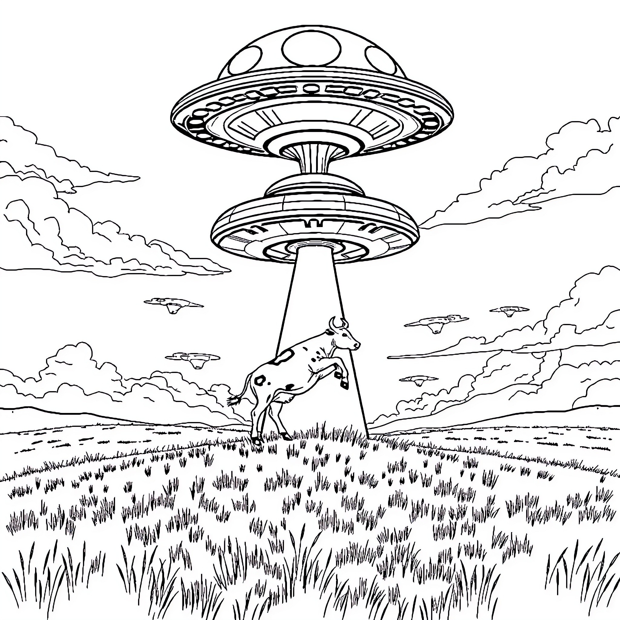 Alien UFOs hovering over a grassy field Coloring Page (free black-and-white line drawing printable PDF for all, from beginners to advanced learners, including children, teens, adults, and seniors)