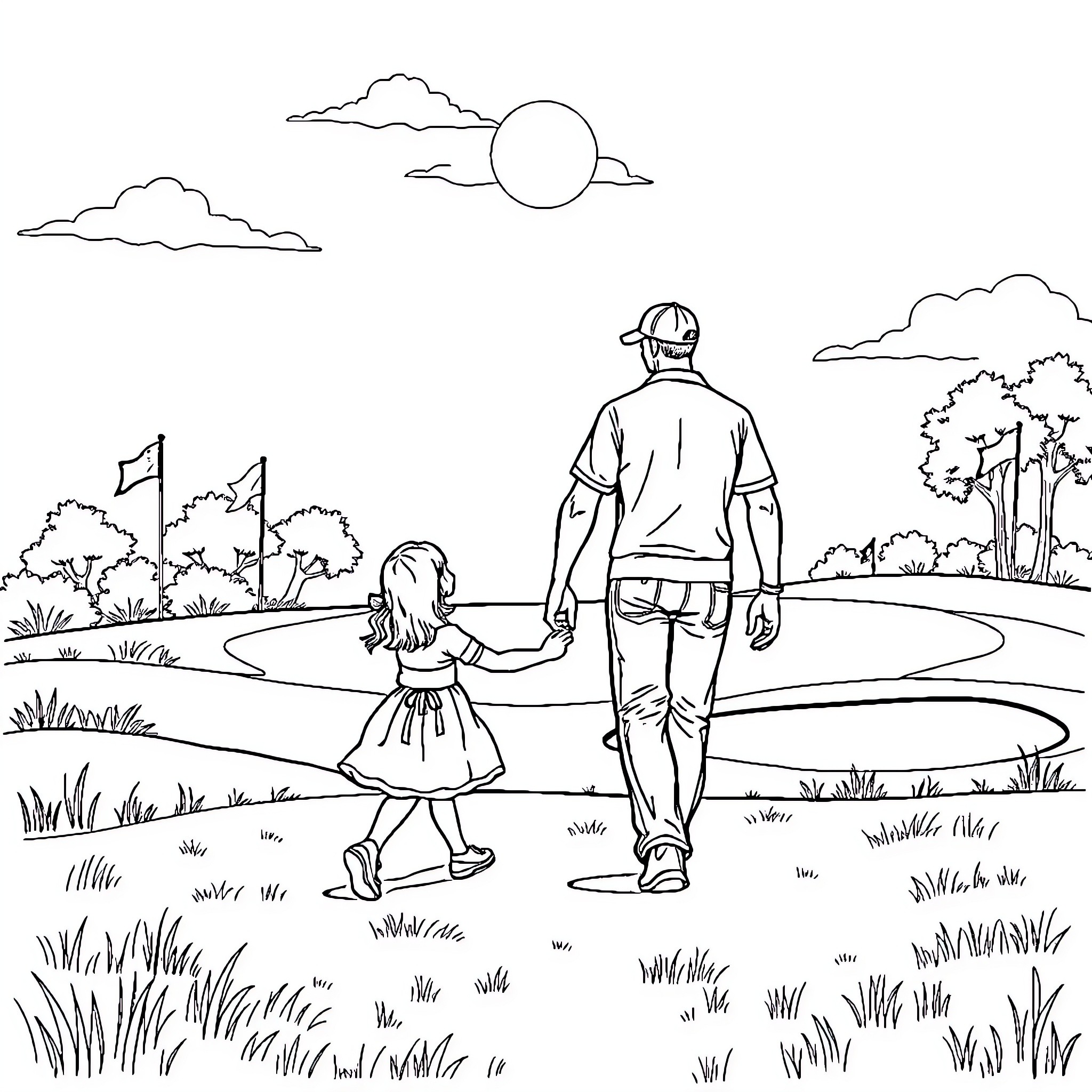 Girl and adult walking together in park Coloring Page (free black-and-white line drawing printable PDF for all, from beginners to advanced learners, including children, teens, adults, and seniors)