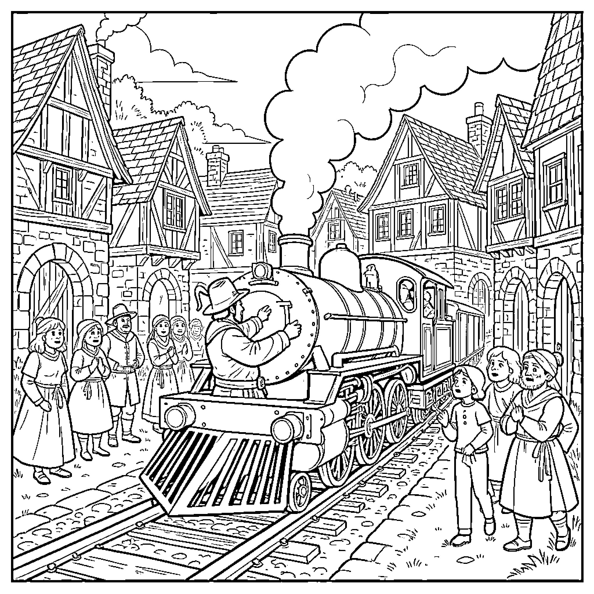 Friar Tuck watching a steam locomotive pass through town Coloring Page (free black-and-white line drawing printable PDF for all, from beginners to advanced learners, including children, teens, adults, and seniors)