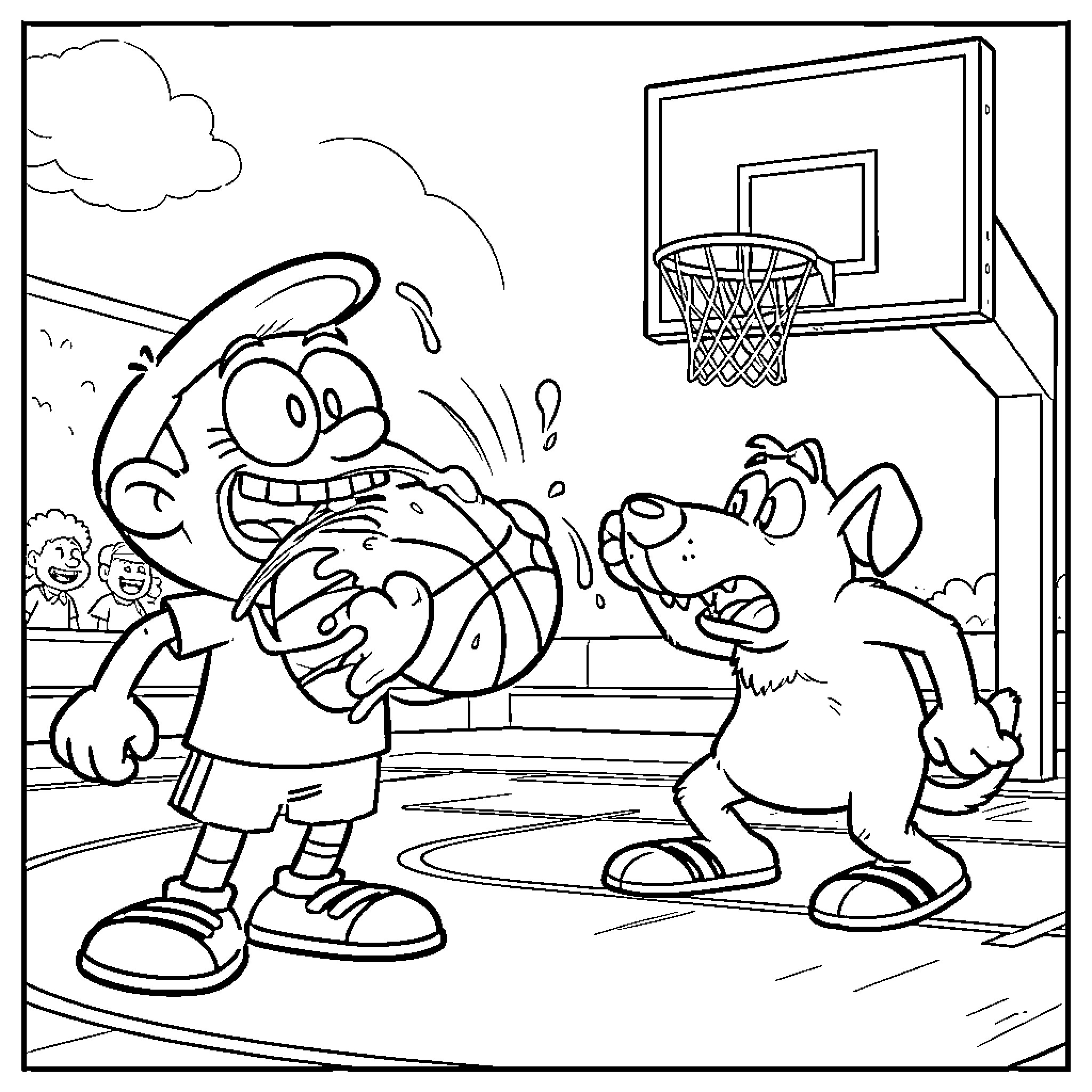 Captain Underpants and the dog playing basketball Coloring Page (free black-and-white line drawing printable PDF for all, from beginners to advanced learners, including children, teens, adults, and seniors)