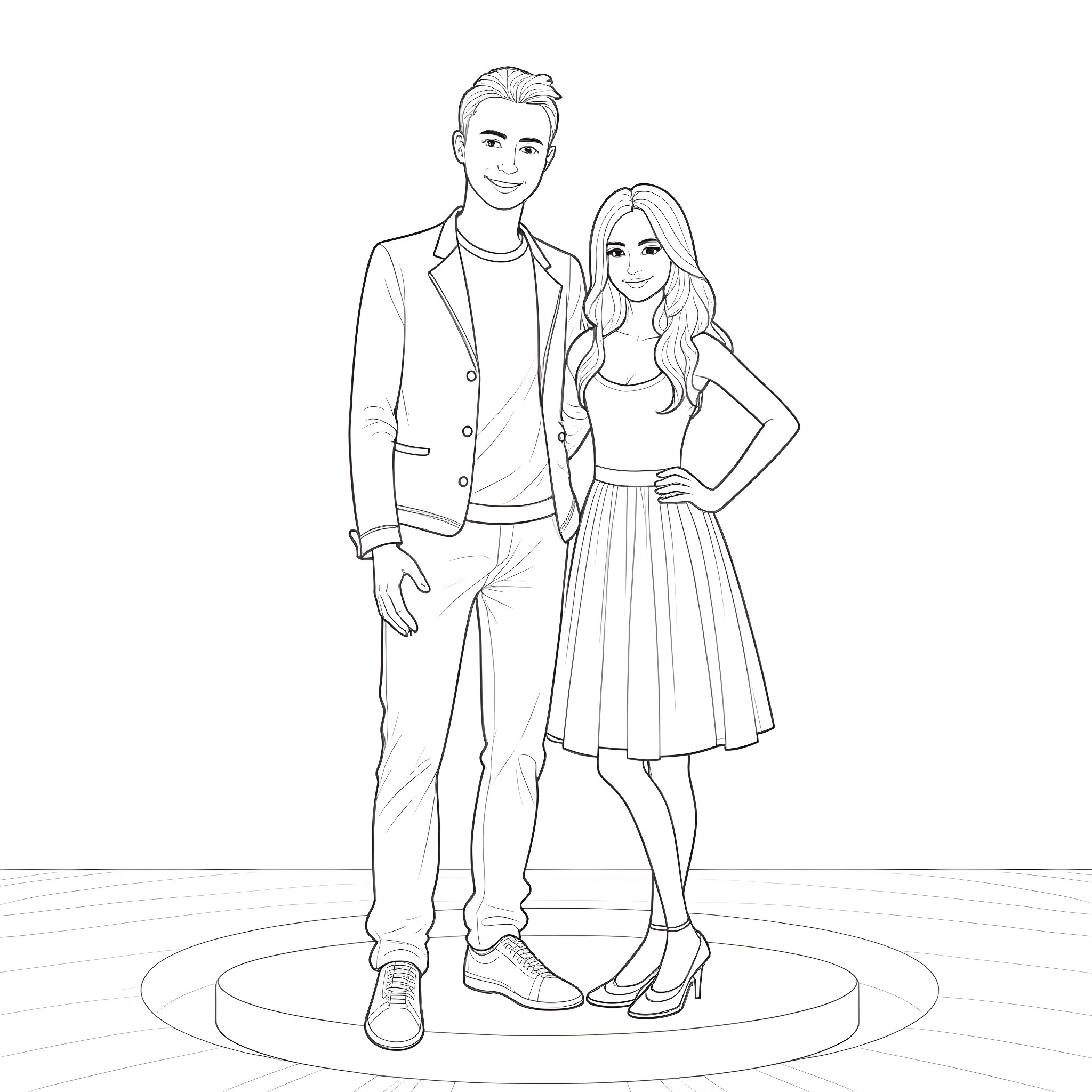 Chappell Roan - Couple in casual attire posing together Coloring Page (free black-and-white line drawing printable PDF for all, from beginners to advanced learners, including children, teens, adults, and seniors)