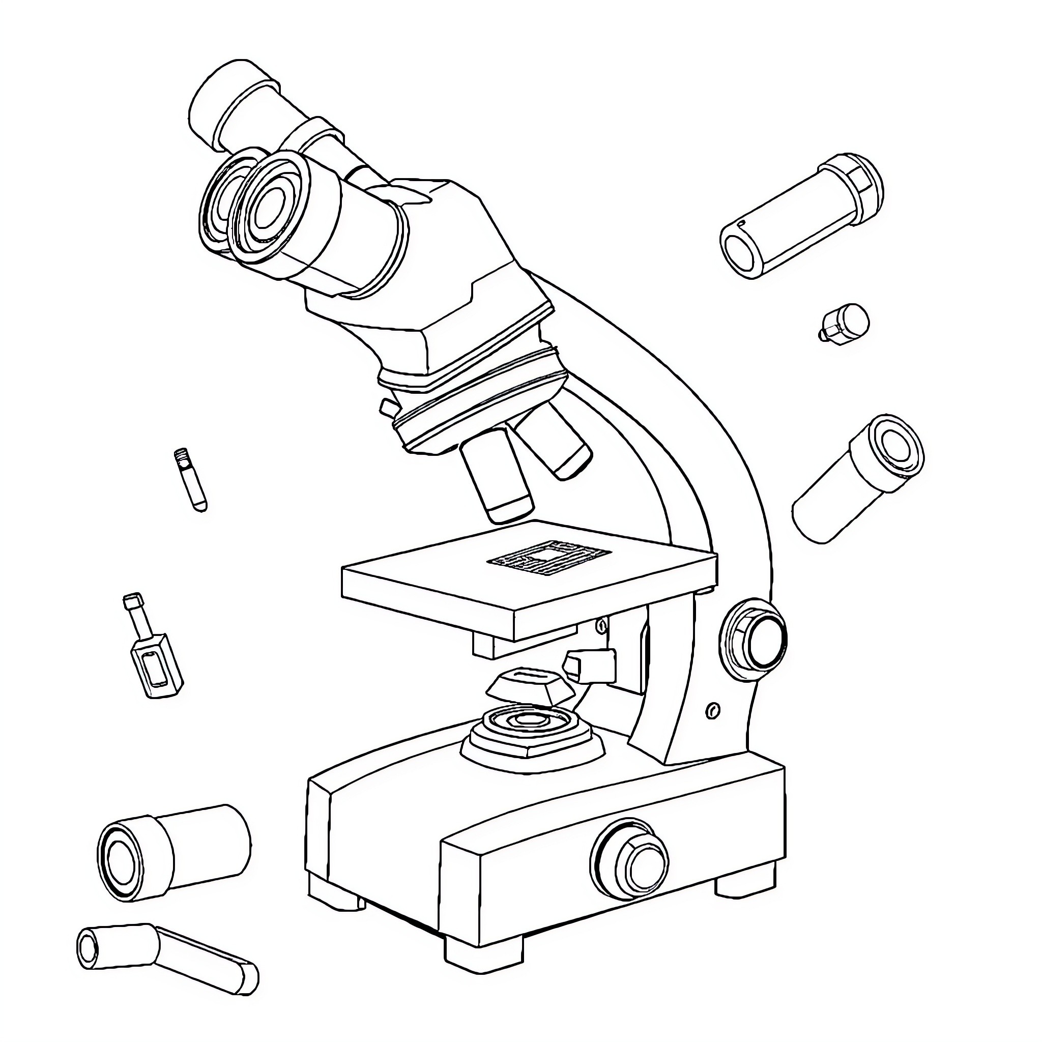 Microscope with various scientific instruments Coloring Page (free black-and-white line drawing printable PDF for all, from beginners to advanced learners, including children, teens, adults, and seniors)