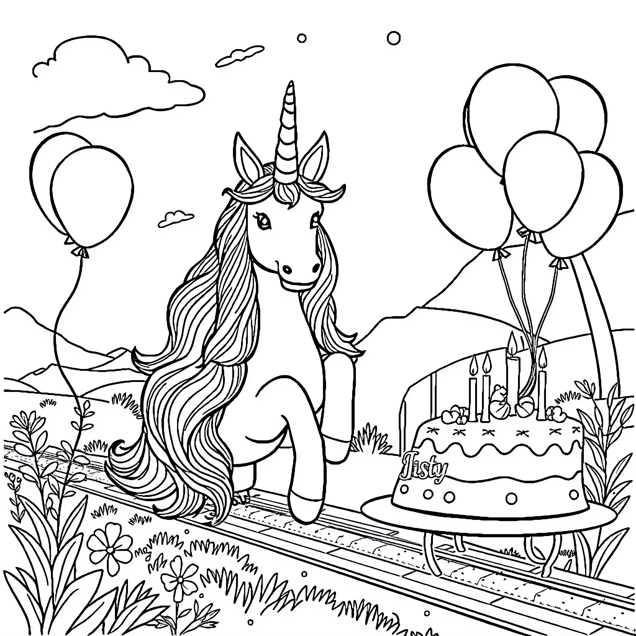 Unicorn celebrating with balloons and birthday cake Coloring Page (free black-and-white line drawing printable PDF for all, from beginners to advanced learners, including children, teens, adults, and seniors)