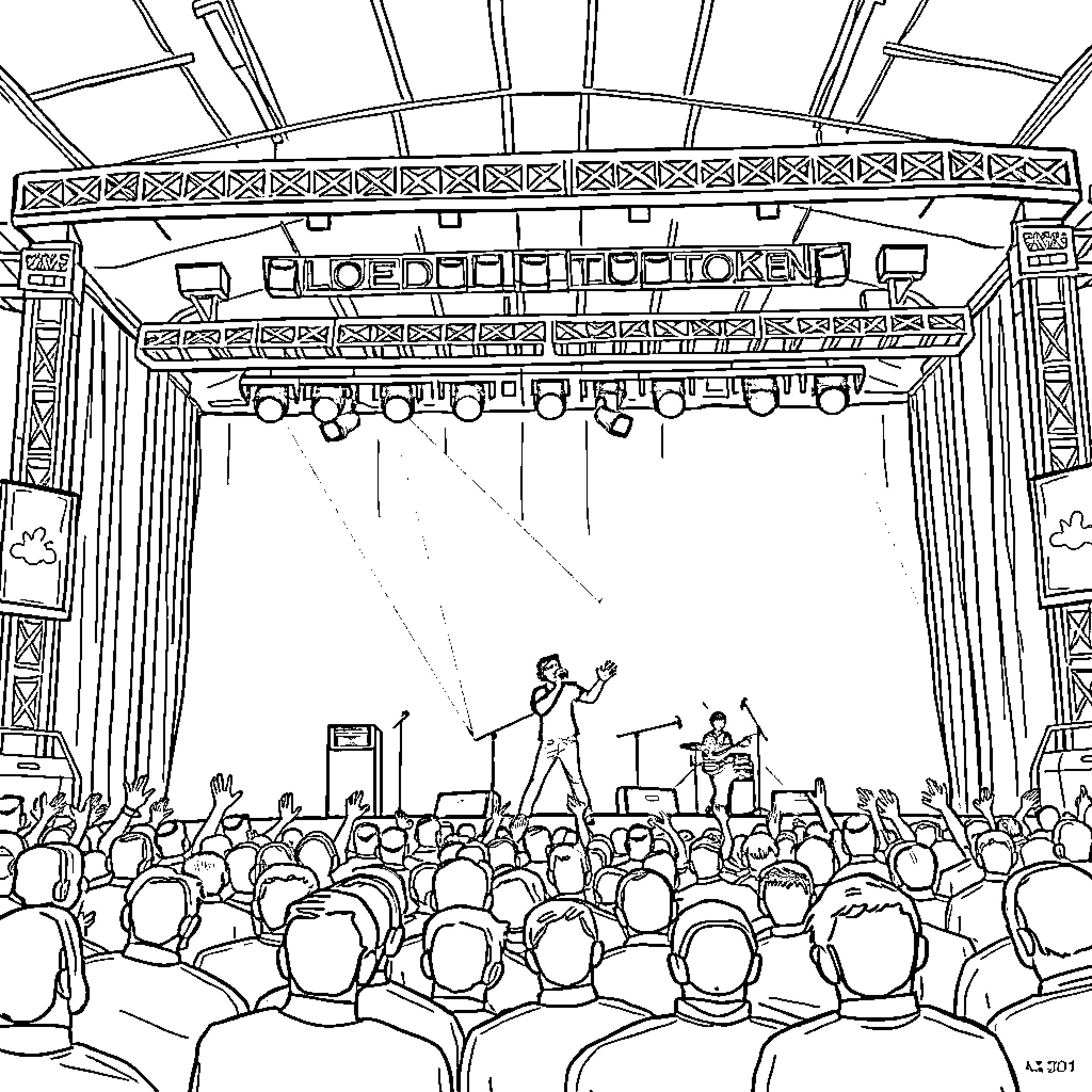 Sleep Token performing on stage before a crowd Coloring Page (free black-and-white line drawing printable PDF for all, from beginners to advanced learners, including children, teens, adults, and seniors)
