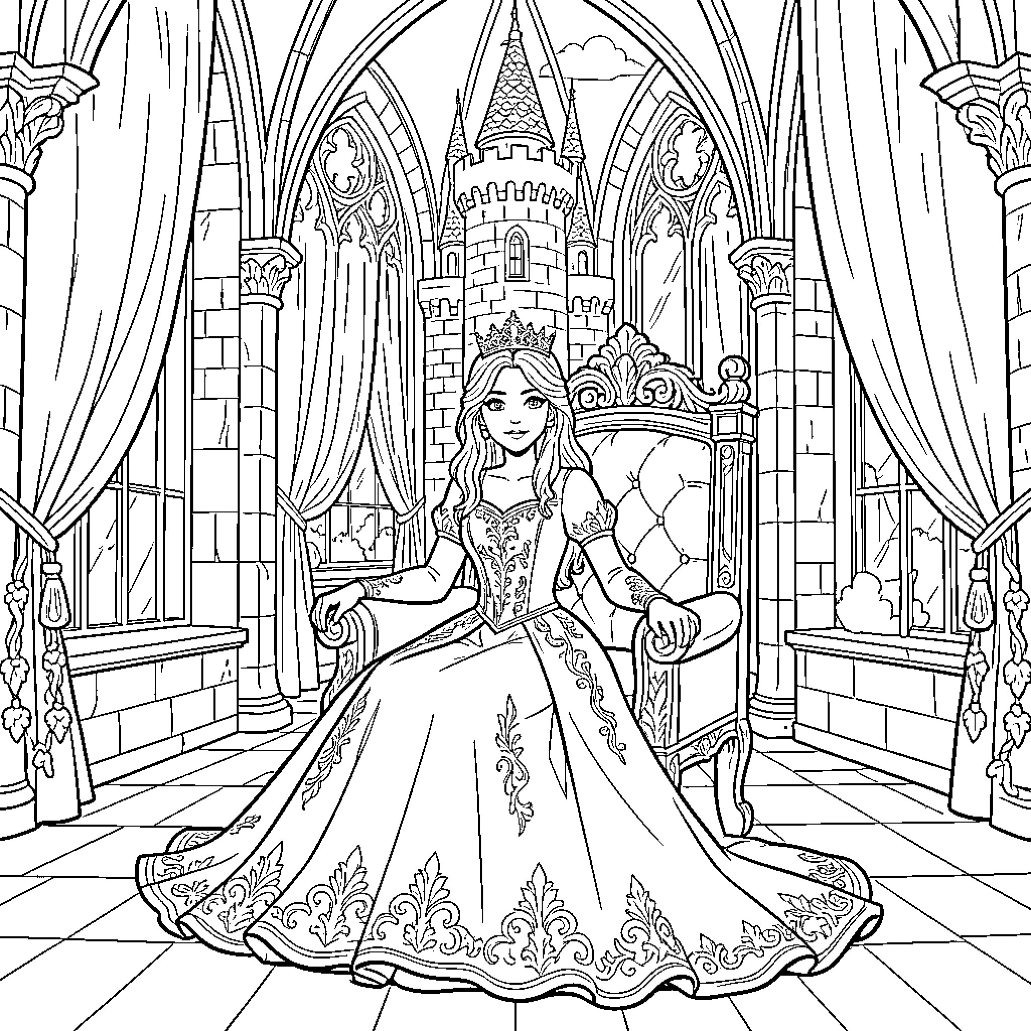 Princess sitting gracefully on a throne in a castle Coloring Page (free black-and-white line drawing printable PDF for all, from beginners to advanced learners, including children, teens, adults, and seniors)